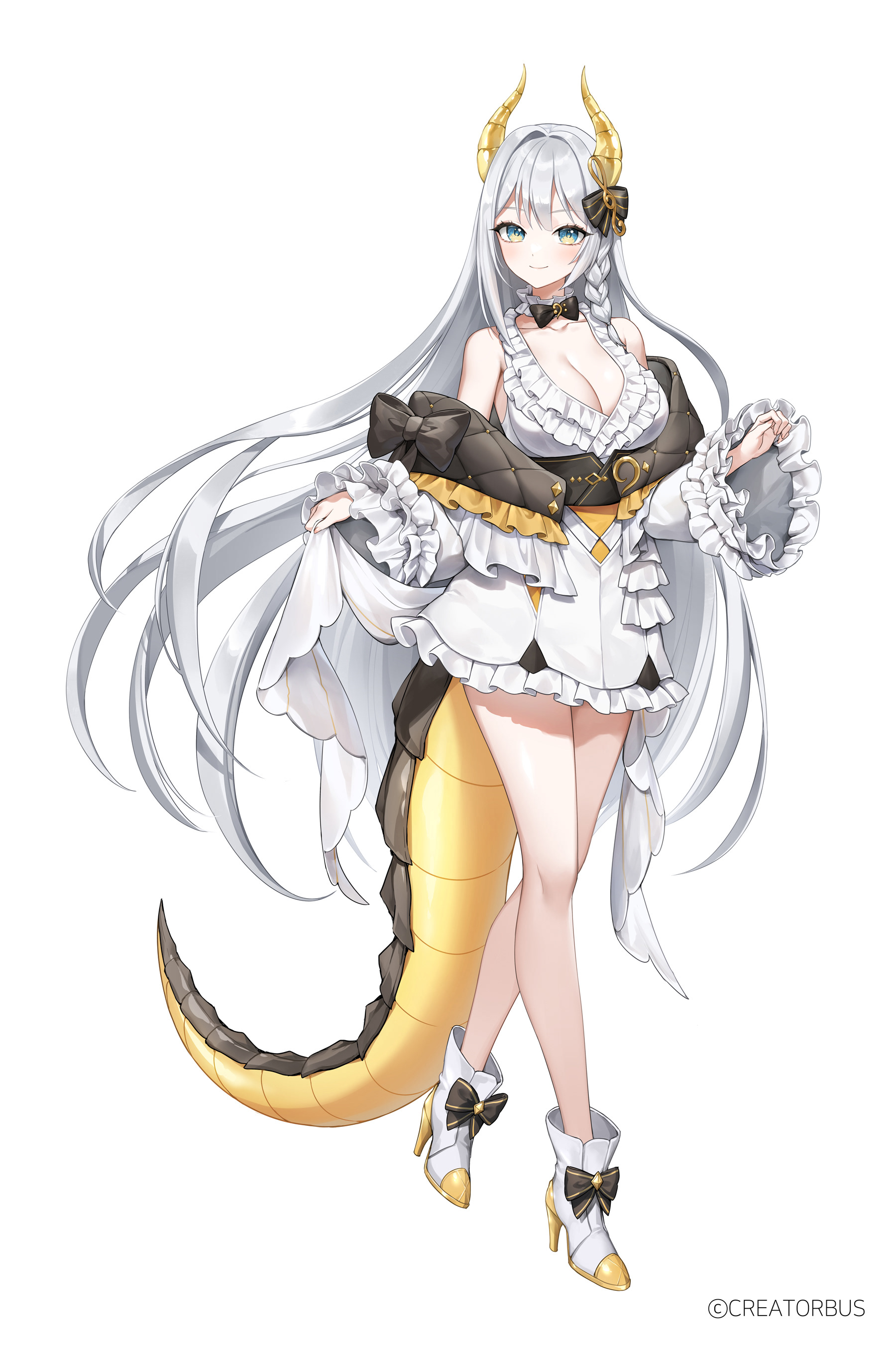 hibiwa, iana ignosis, v-lup, absurdres, highres, 1girl, bare shoulders, blue eyes, boots, bow, bowtie, breasts, cleavage, closed mouth, dragon horns, dragon tail, dress, frilled dress, frills, full body, high heel boots, high heels, horns, large breasts, long hair, looking at viewer, off shoulder, simple background, smile, solo, tail, thighs, very long hair, virtual youtuber, white background, white boots, white dress, white hair