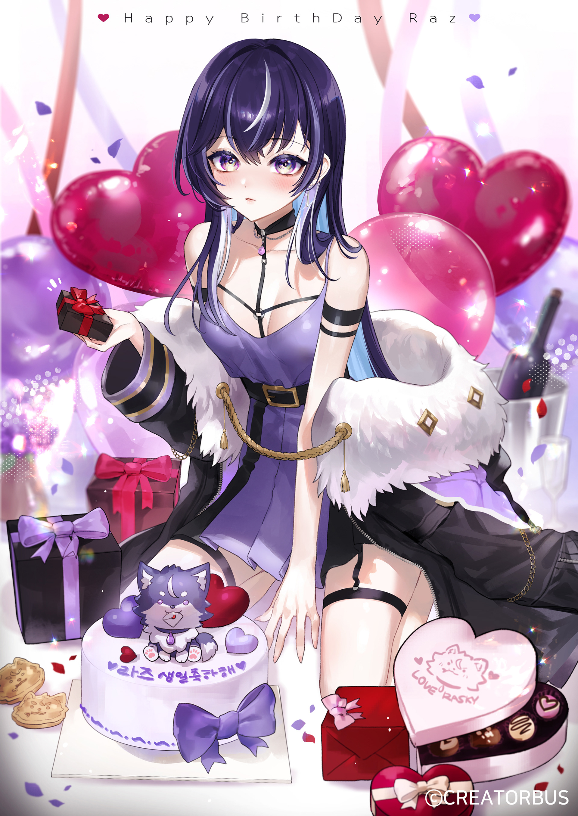 hibiwa, v-lup, absurdres, highres, 1girl, arm strap, balloon, bare shoulders, belt, between legs, black choker, black jacket, breasts, cake, choker, cleavage, dress, food, fur trim, hand between legs, heart balloon, jacket, long hair, looking at viewer, medium breasts, multicolored hair, off shoulder, purple dress, purple eyes, purple hair, raz (v-lup), sleeveless, sleeveless dress, solo, streaked hair, very long hair, virtual youtuber