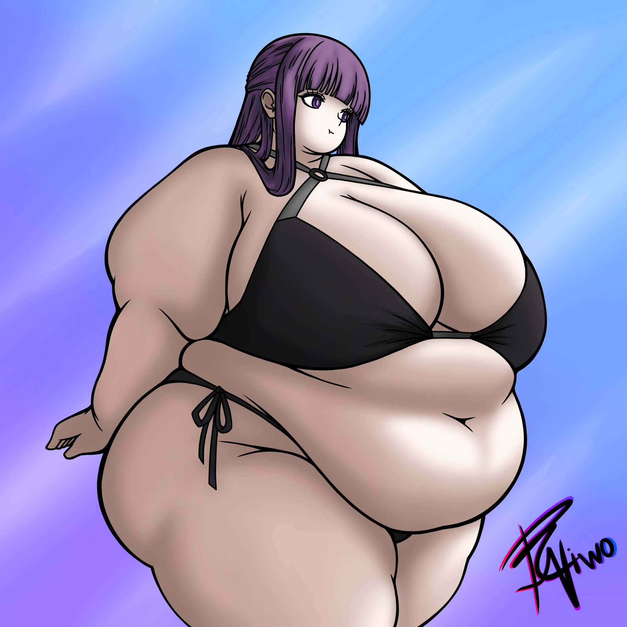 fern (sousou no frieren), sousou no frieren, artist request, 1girl, belly, big belly, bikini, black bikini, blue background, blunt bangs, breasts, cleavage, fat, fat woman, huge breasts, long hair, navel, o-ring, o-ring bikini, obese, pout, purple eyes, purple hair, raiko-niwo, side-tie bikini bottom, sidelocks, signature, solo, standing, swimsuit, thick arms, thick thighs, thighs