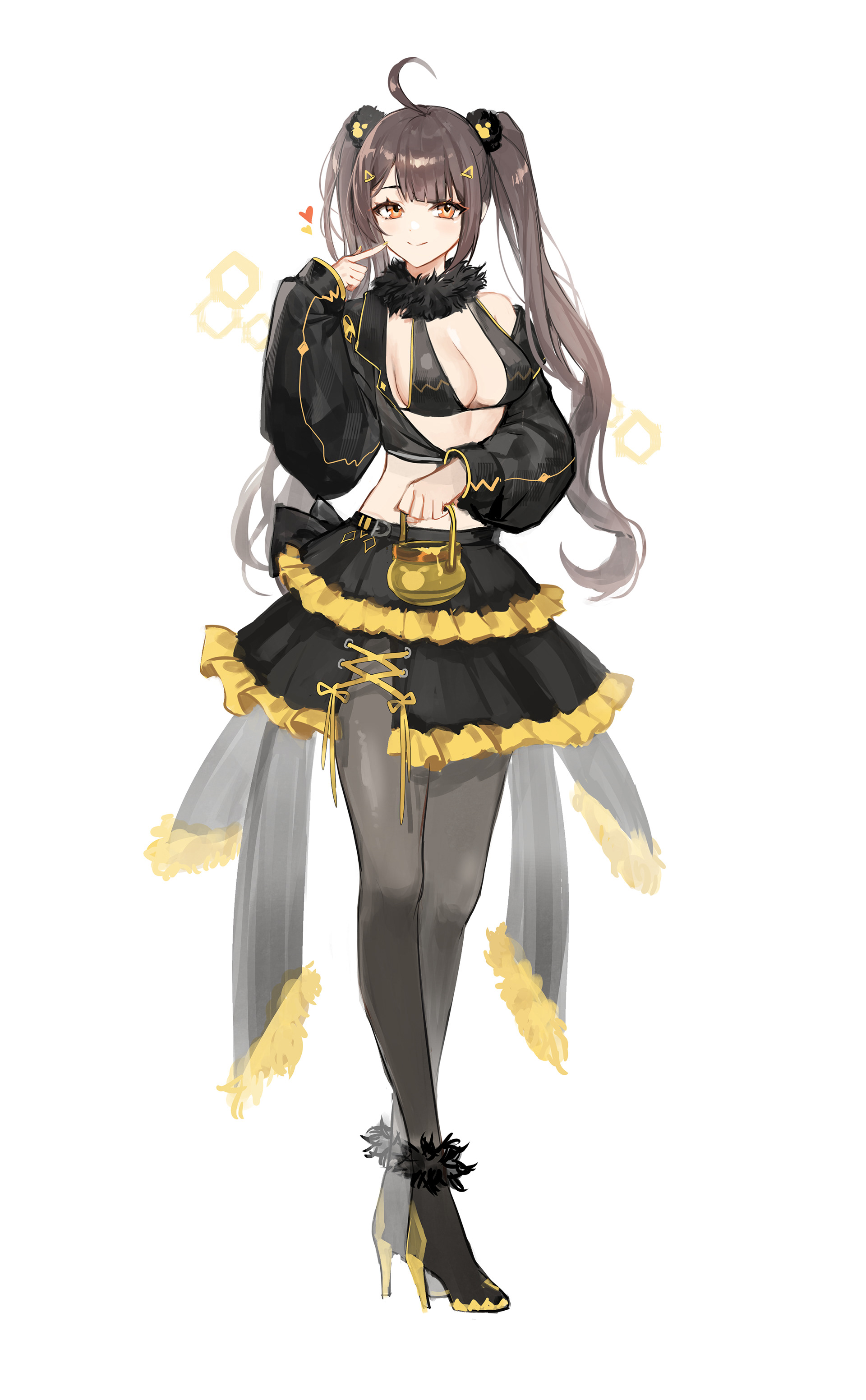 hibiwa, original, absurdres, highres, 1girl, ahoge, bikini, bikini top only, black bikini, black jacket, black skirt, breasts, brown hair, brown pantyhose, cleavage, closed mouth, crop top, cropped jacket, frilled skirt, frills, fur collar, hand up, high heels, holding, jacket, large breasts, long hair, long sleeves, looking at viewer, midriff, off shoulder, orange eyes, pantyhose, pointing, pointing at self, simple background, single bare shoulder, skirt, smile, solo, swimsuit, twintails, white background