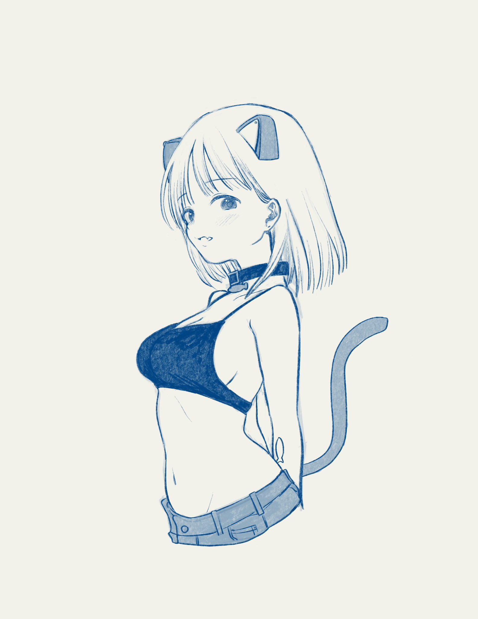 nena labo, original, commentary request, highres, 1girl, animal ears, bra, cat ears, cat girl, cat tail, collar, cropped torso, fang, from side, looking at viewer, looking to the side, medium hair, monochrome, navel, no shirt, pants, parted lips, simple background, skin fang, solo, stomach, tail, underwear, white background