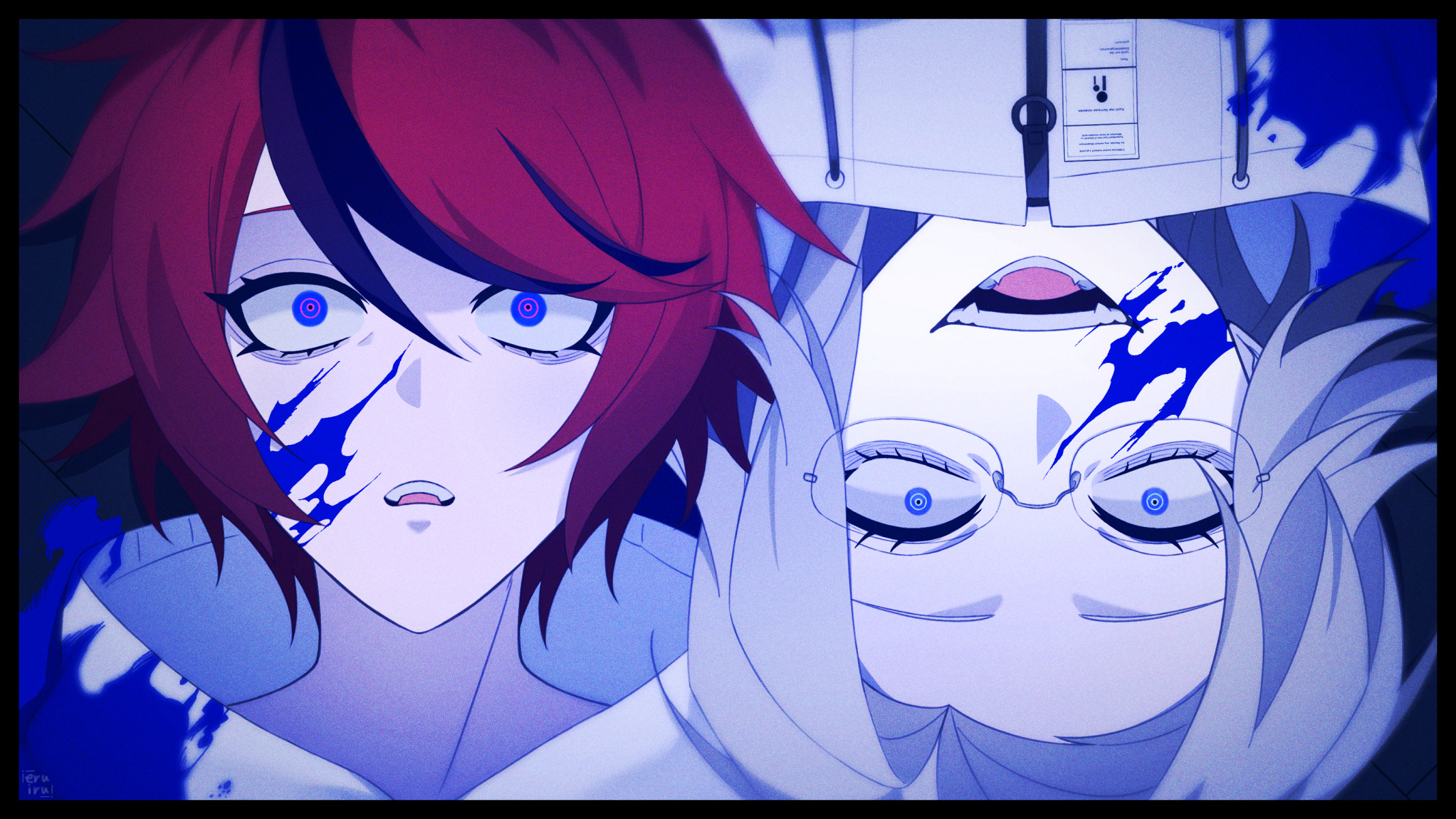 aquam0n1ca, aotsuki eito, sumino takumi, the hundred line -last defense academy-, commentary, english commentary, highres, spoilers, 2boys, black border, black streaks, blood, blood on clothes, blood on face, blue blood, blue eyes, border, evil grin, evil smile, film grain, glasses, grey hair, grin, hood, hoodie, jacket, looking at viewer, male focus, multicolored hair, multiple boys, purple eyes, red hair, ringed eyes, short hair, smile, streaked hair, symmetrical pose, teeth, upside-down, white hoodie, white jacket, wide-eyed