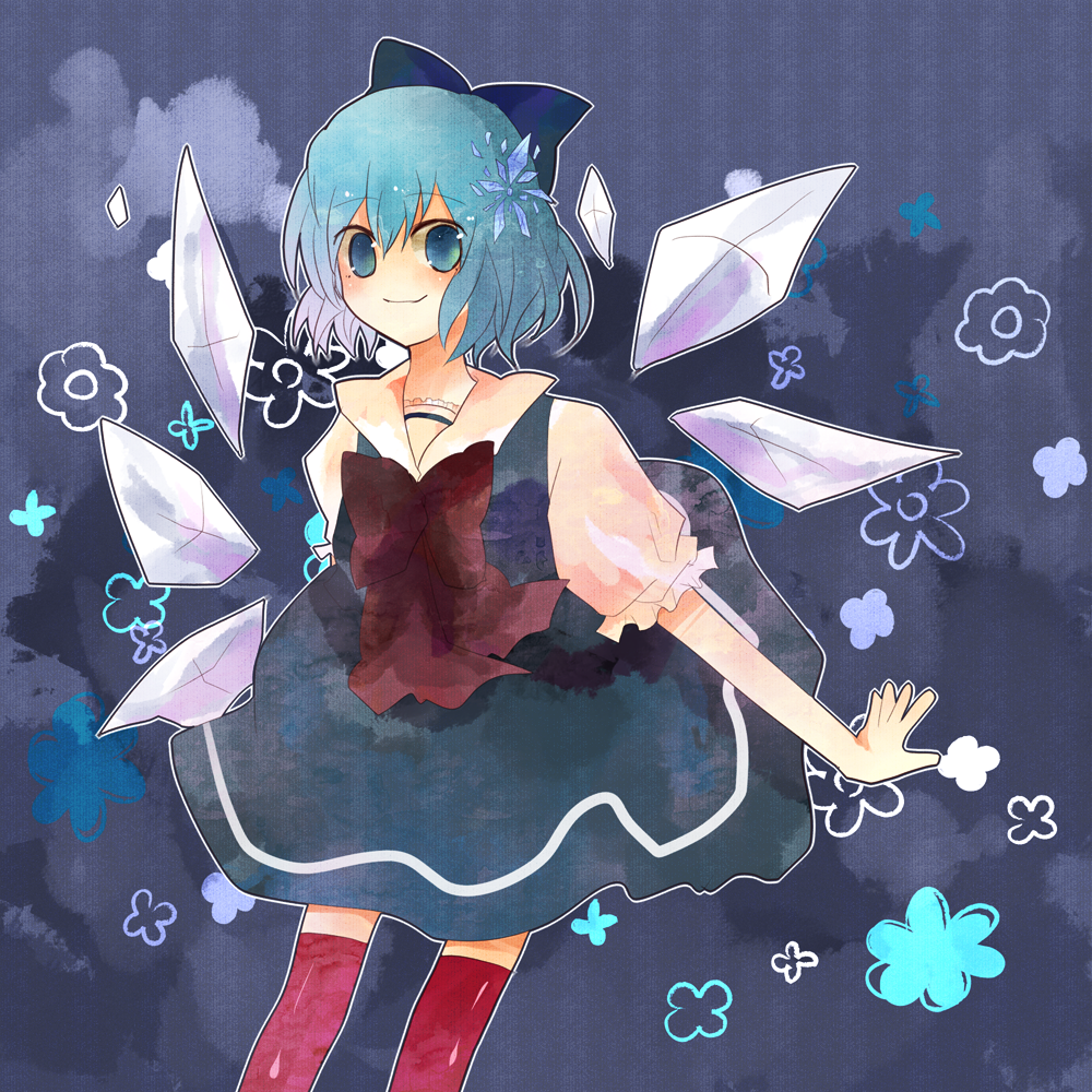 cirno, touhou, 1girl, blue eyes, blue hair, bow, female focus, matching hair/eyes, no nose, red thighhighs, smile, solo, thighhighs, wings