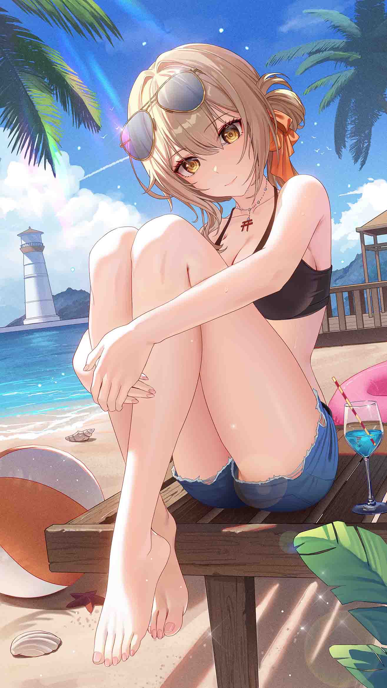 longyu (17767756), aki rinco, project-sp, chinese commentary, commentary request, commission, highres, 1girl, ball, bare shoulders, barefoot, beach, beachball, bench, bikini, bikini top only, black bikini, blonde hair, blue-tinted eyewear, blue sky, breasts, cleavage, closed mouth, cloud, collarbone, contrail, cup, day, denim, denim shorts, drinking glass, drinking straw, dutch angle, eyewear on head, feet, hair between eyes, hair bun, hair intakes, hands on own legs, hugging own legs, jewelry, knees up, large breasts, legs, lens flare, light particles, lighthouse, long hair, looking at viewer, nail polish, necklace, ocean, on bench, outdoors, own hands together, palm tree, pink nails, seashell, shell, short shorts, shorts, sidelocks, single side bun, sitting, sky, solo, sparkle, sunglasses, sunlight, swim ring, swimsuit, thighs, tinted eyewear, toenail polish, toenails, toes, torn clothes, torn shorts, tree, virtual youtuber, wooden bench, yellow eyes