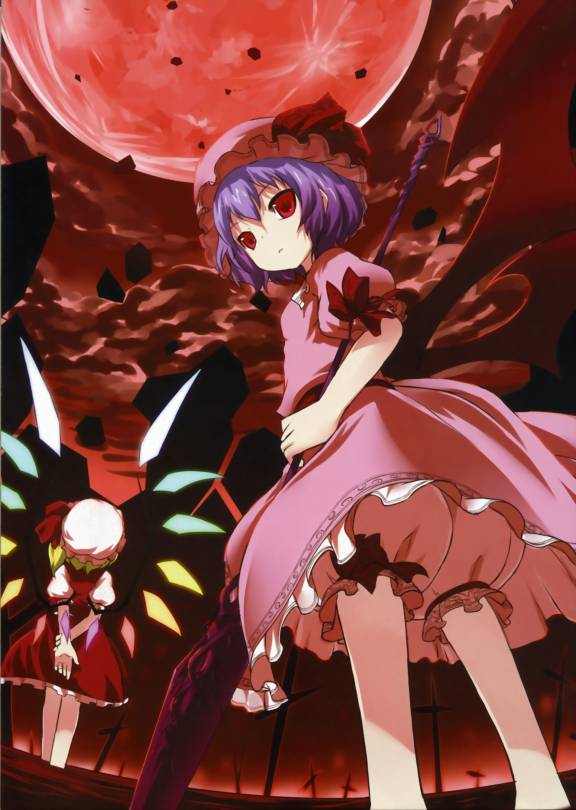 shiratama dango, flandre scarlet, remilia scarlet, touhou, 2girls, bloomers, female focus, from below, hat, moon, multiple girls, polearm, red eyes, red moon, siblings, sisters, spear, spear the gungnir, underwear, upskirt, weapon, wings