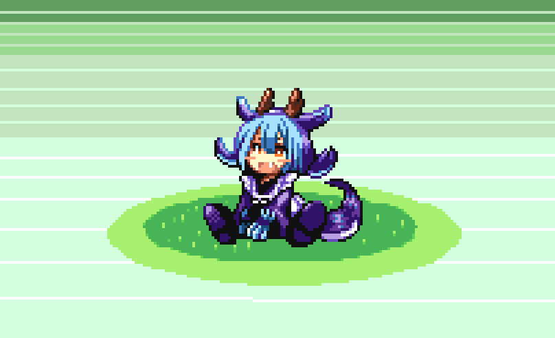 pochi dot, laundry dragonmaid, nintendo, pokemon, yu-gi-oh!, 1girl, blue hair, blue tail, chibi, dragon girl, dragon horns, dragon tail, green background, horns, maid, pixel art, solo, tail