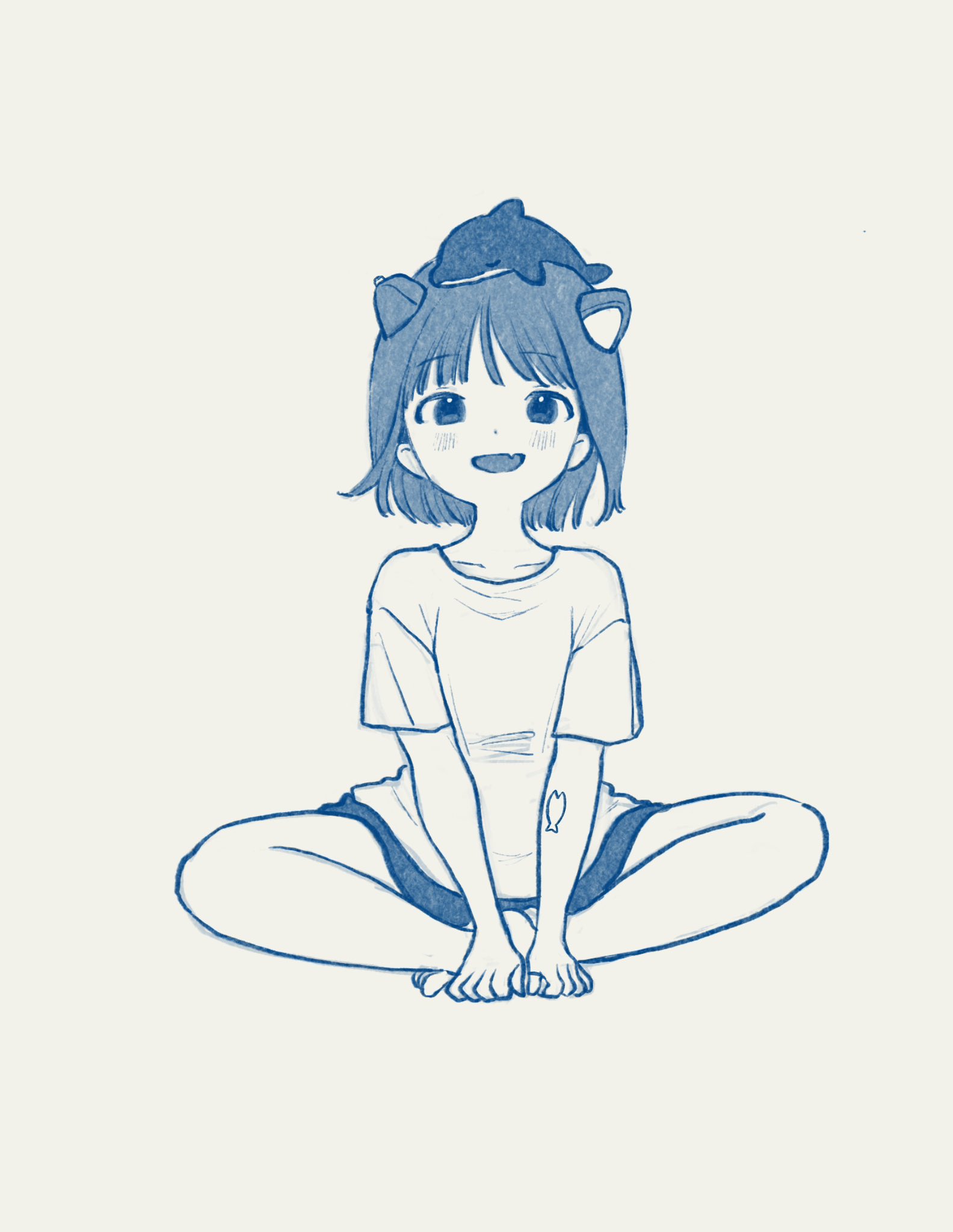 nena labo, original, commentary request, highres, 1girl, animal ears, fang, full body, hands on own feet, indian style, looking at viewer, monochrome, open mouth, shirt, short hair, short shorts, short sleeves, shorts, simple background, sitting, skin fang, smile, solo, straight-on, stuffed whale, t-shirt, white background