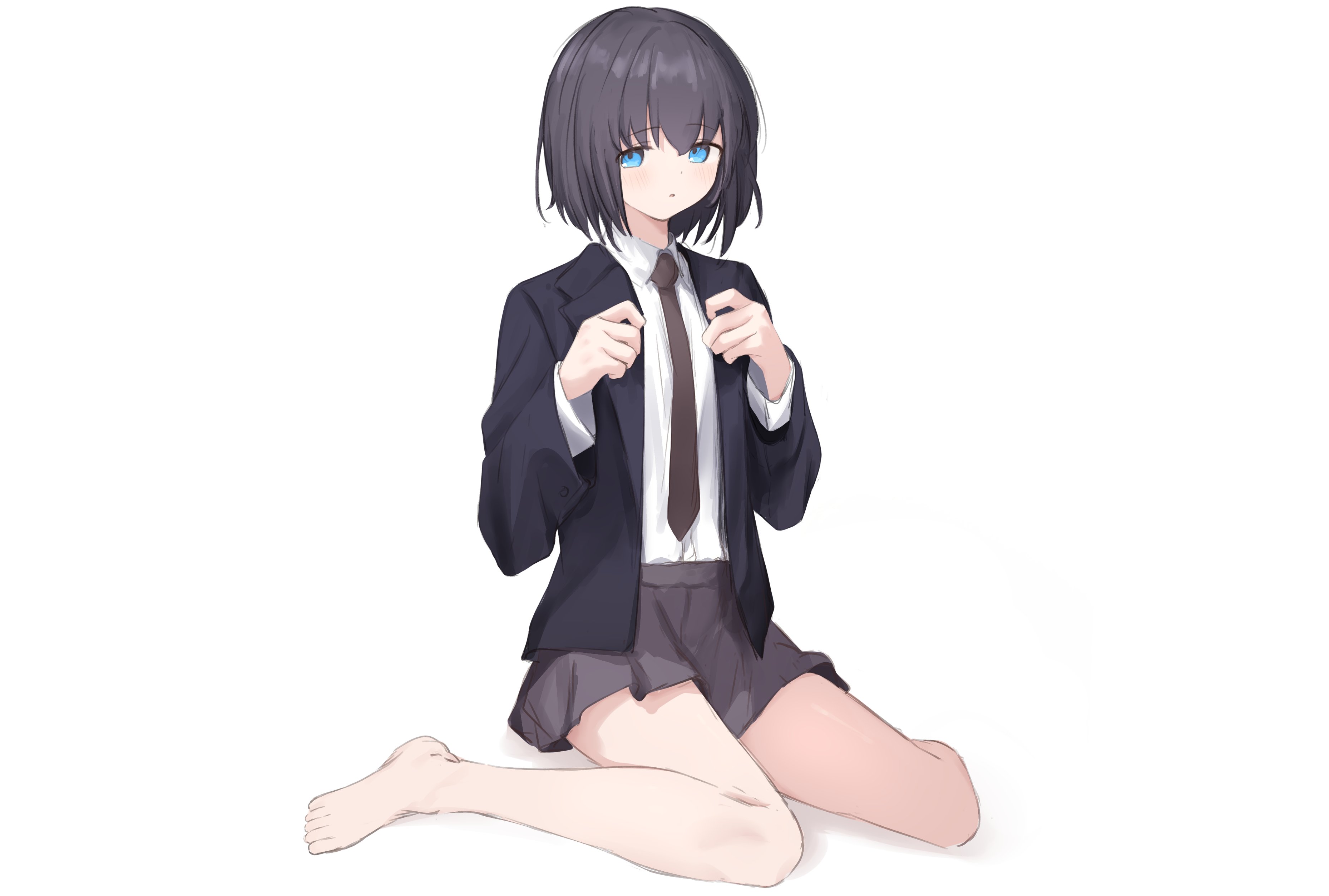 riya (01214), original, absurdres, commentary request, highres, 1girl, barefoot, black hair, black jacket, blazer, blue eyes, blush, brown necktie, collared shirt, dress shirt, grey skirt, hands up, jacket, long sleeves, looking at viewer, necktie, open clothes, open jacket, parted lips, pleated skirt, school uniform, shirt, short hair, simple background, sitting, skirt, solo, wariza, white background, white shirt