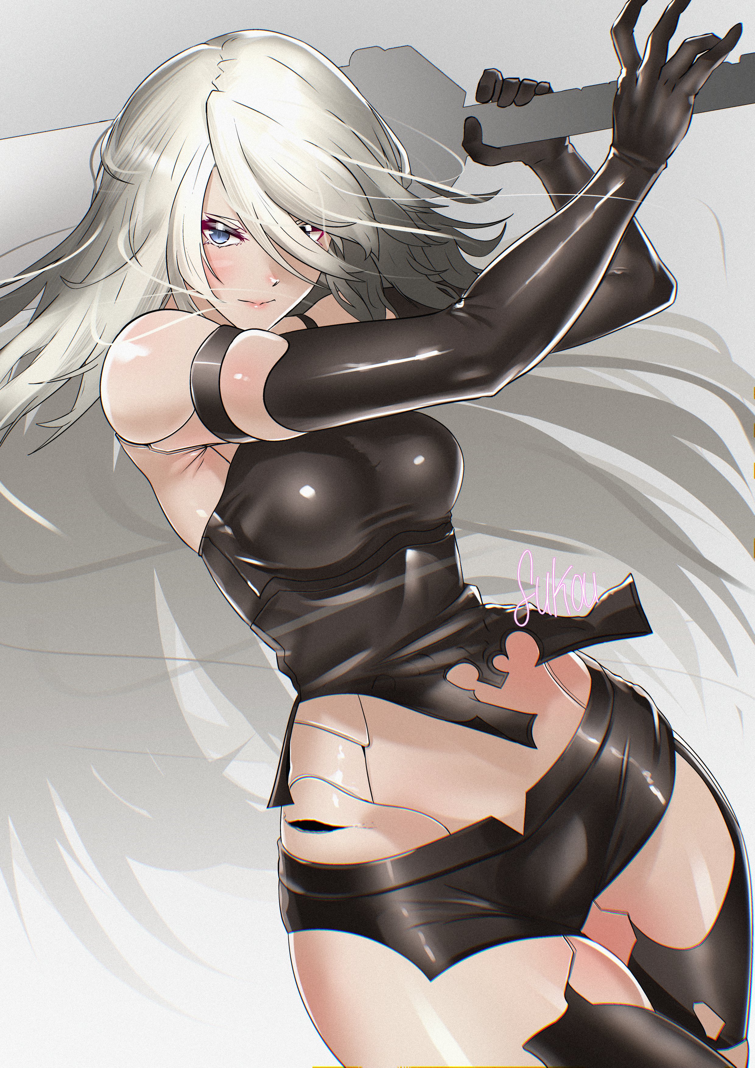fukou, a2 (nier:automata), nier:automata, nier (series), absurdres, commentary, english commentary, highres, 1girl, android, armpit crease, bare shoulders, black gloves, black shirt, black shorts, black thighhighs, blue eyes, breasts, closed mouth, cowboy shot, elbow gloves, fighting stance, gloves, gradient background, grey hair, holding, holding sword, holding weapon, joints, long hair, looking at viewer, medium breasts, midriff peek, robot joints, shirt, shorts, signature, sleeveless, sleeveless shirt, solo, sword, thighhighs, thighs, torn clothes, torn shirt, torn thighhighs, weapon