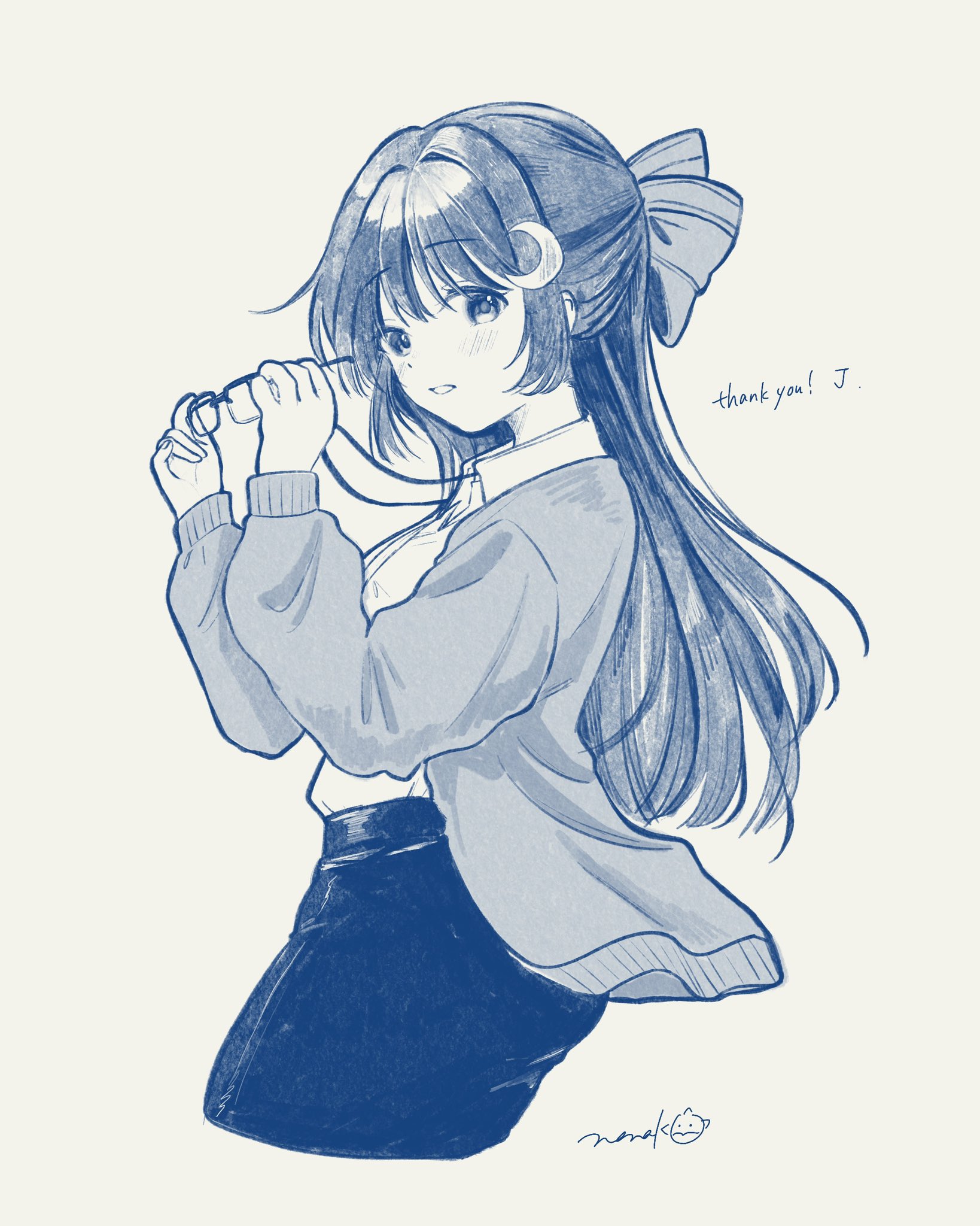 nena labo, character request, commission, copyright request, highres, 1girl, cardigan, crescent, crescent hair ornament, cropped legs, from side, glasses, hair ornament, hair ribbon, half updo, hands up, holding, holding removed eyewear, long hair, long sleeves, looking at viewer, looking to the side, monochrome, open cardigan, open clothes, pants, parted lips, ribbon, shirt, sidelocks, simple background, solo, thank you, unworn eyewear, white background