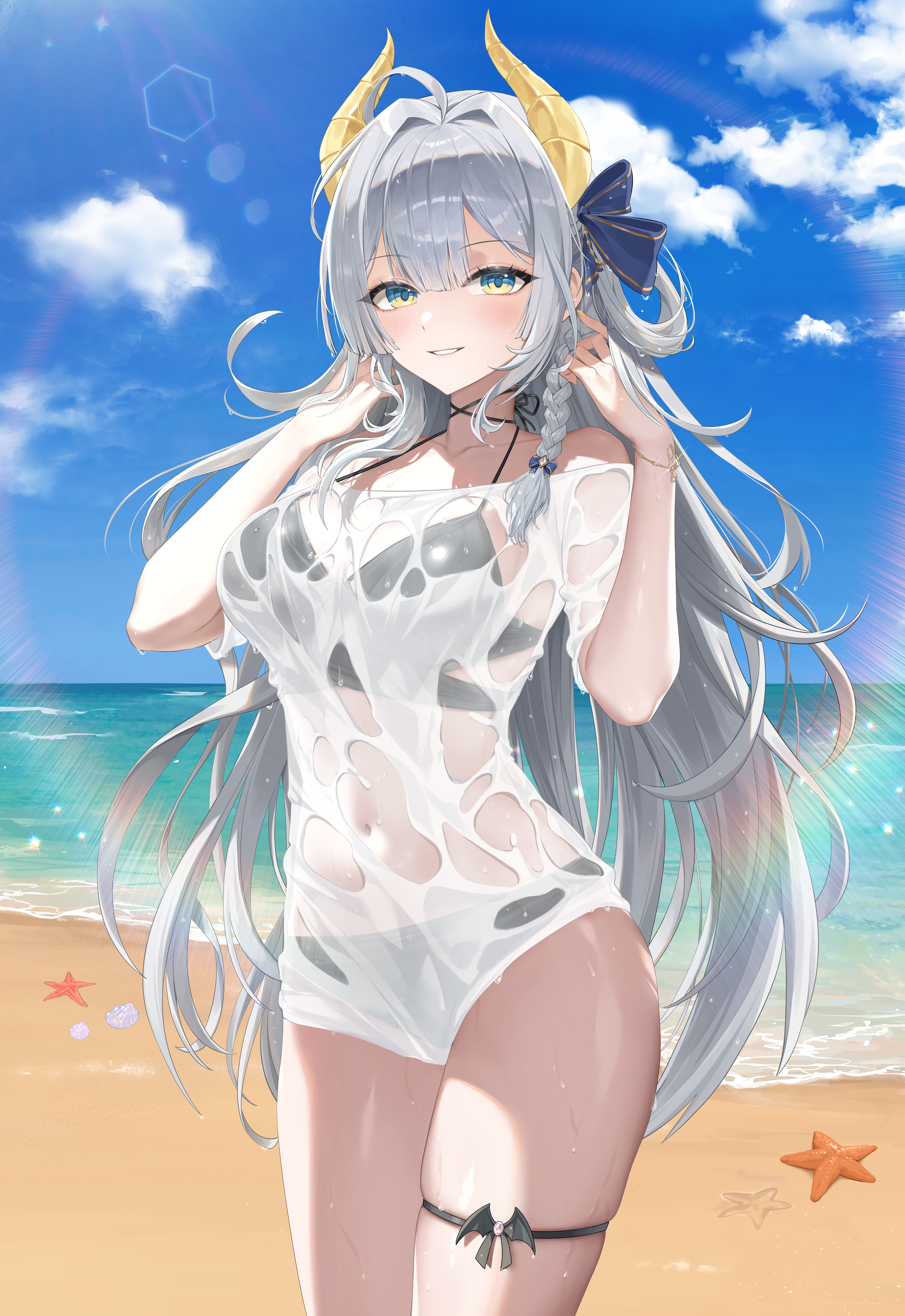 hibiwa, iana ignosis, v-lup, absurdres, highres, 1girl, ahoge, aqua eyes, beach, bikini, black bikini, black choker, bow, braid, breasts, choker, cloud, covered navel, cowboy shot, day, dragon horns, grin, hair bow, hair rings, hands up, horns, large breasts, long hair, looking at viewer, no pants, outdoors, shirt, short sleeves, skindentation, smile, solo, string bikini, sunlight, swimsuit, thigh strap, thighs, very long hair, virtual youtuber, water, wet, wet clothes, wet shirt, white hair, white shirt