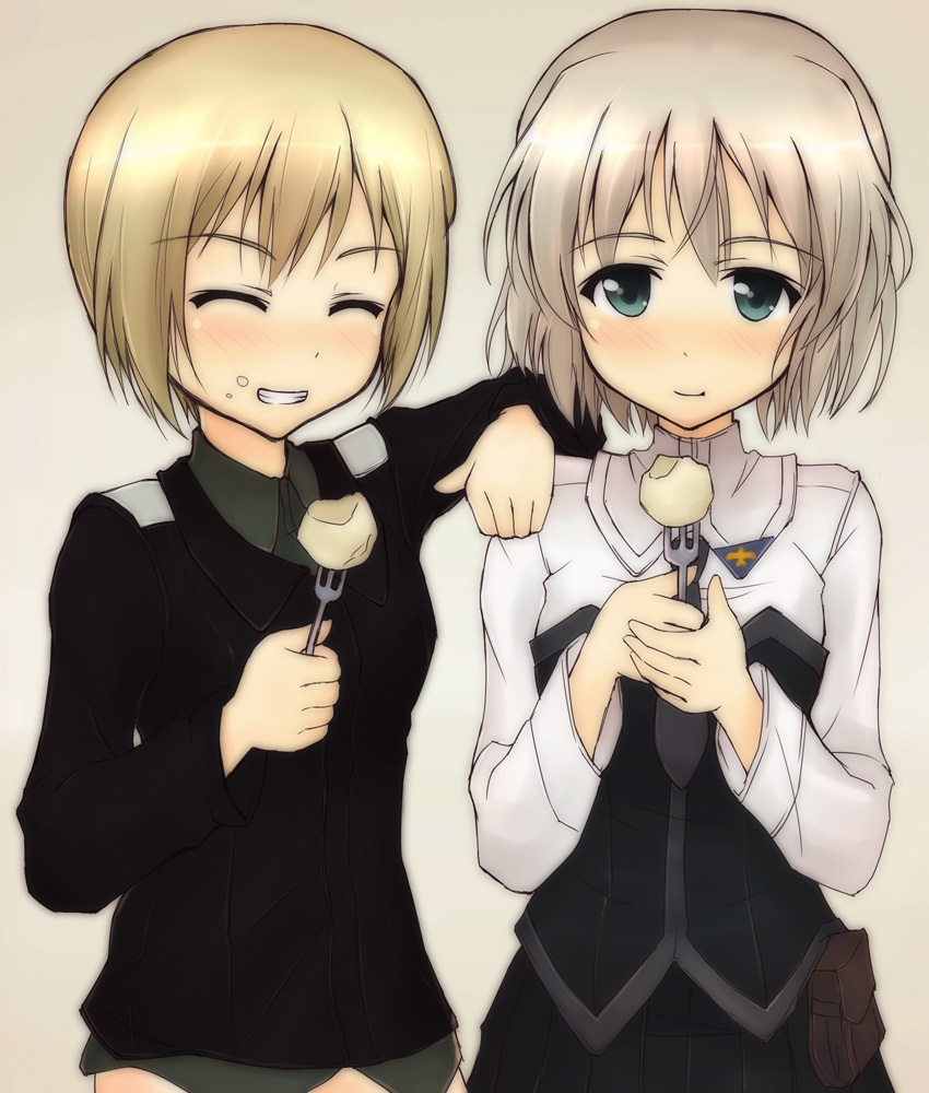 erica hartmann, sanya v. litvyak, hanyu, strike witches, world witches series, silver hair, 00s, 2girls, blonde hair, blush, closed eyes, eating, food, food on face, fork, green eyes, holding, holding fork, multiple girls, potato, short hair