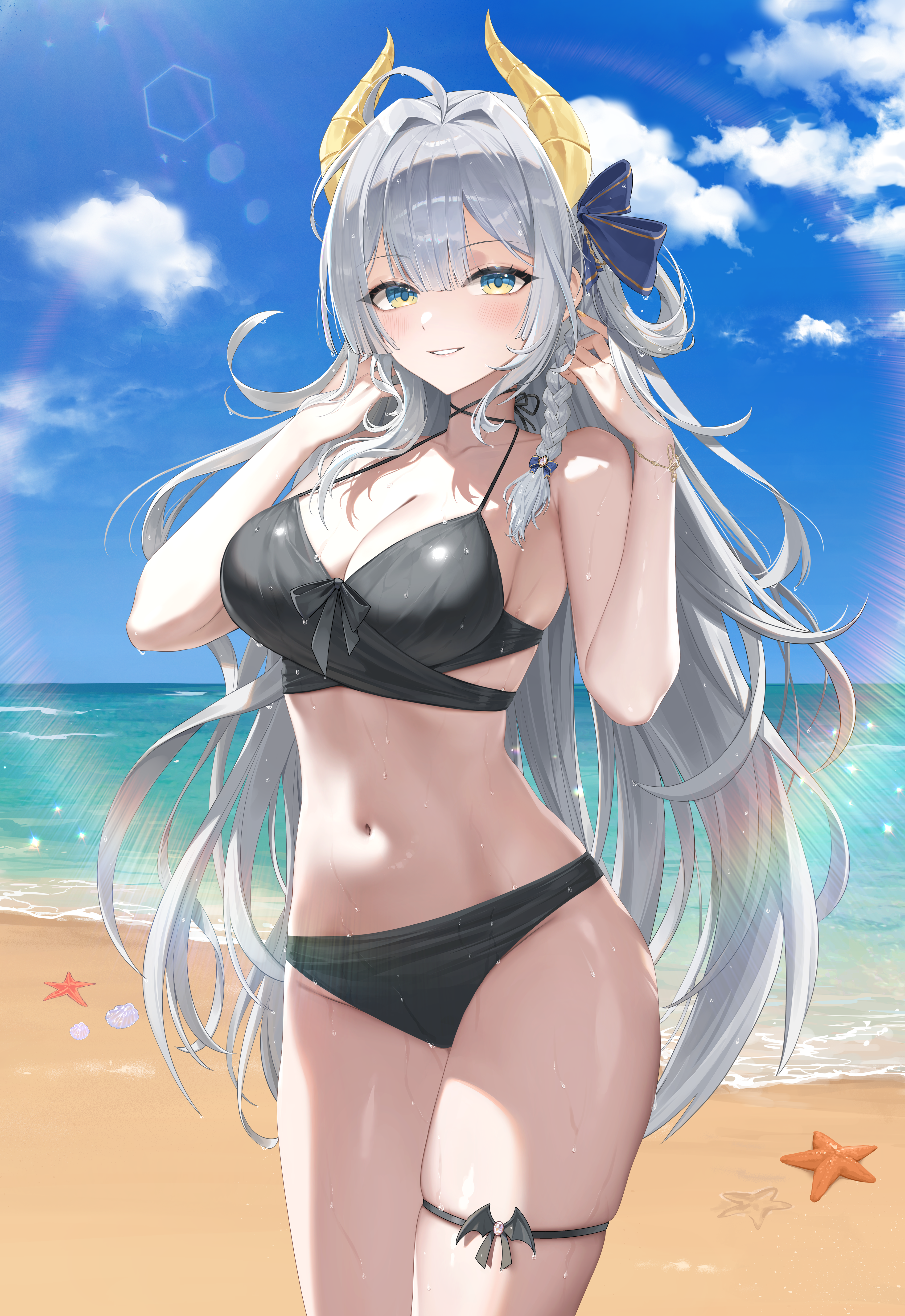 hibiwa, iana ignosis, v-lup, absurdres, highres, 1girl, ahoge, aqua eyes, bare arms, bare shoulders, beach, bikini, black choker, bow, braid, breasts, choker, cleavage, cloud, cowboy shot, day, dragon horns, front-tie bikini top, front-tie top, grin, hair bow, hair rings, halterneck, hands up, horns, large breasts, long hair, looking at viewer, navel, outdoors, skindentation, smile, solo, stomach, strap gap, string bikini, sunlight, swimsuit, thigh strap, thighs, very long hair, virtual youtuber, water, wet, white hair