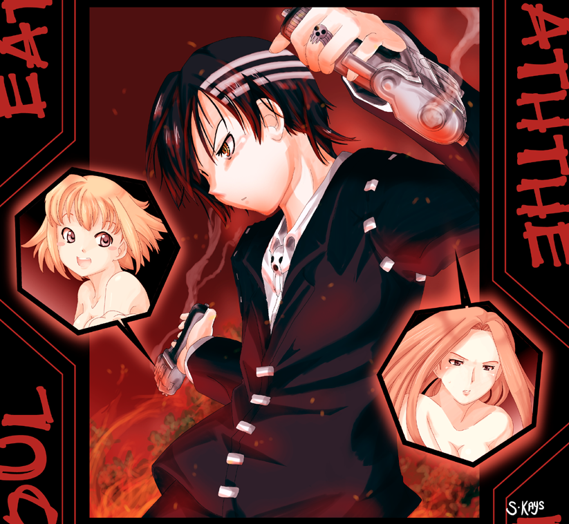 s.kays, death the kid, elizabeth thompson, patricia thompson, soul eater, 00s, 1boy, 2girls, black hair, blonde hair, gun, long hair, multiple girls, red eyes, short hair, weapon