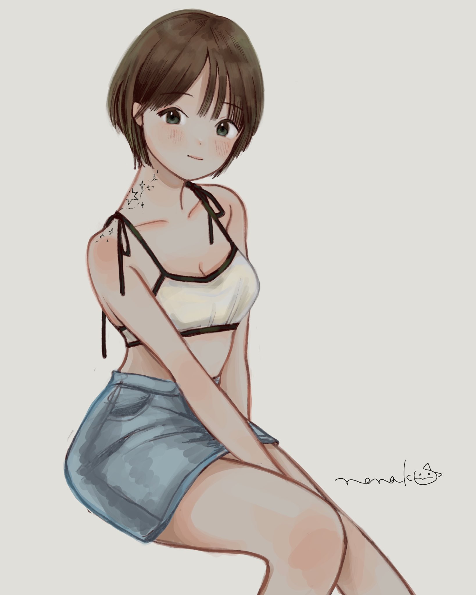 nena labo, original, commentary request, highres, 1girl, between legs, bra, breasts, brown hair, choppy bangs, cleavage, closed mouth, denim, denim skirt, feet out of frame, grey eyes, hand between legs, invisible chair, looking at viewer, looking to the side, miniskirt, neck tattoo, no shirt, short hair, signature, simple background, sitting, skirt, solo, tattoo, turning head, underwear, very short hair, white background, white bra