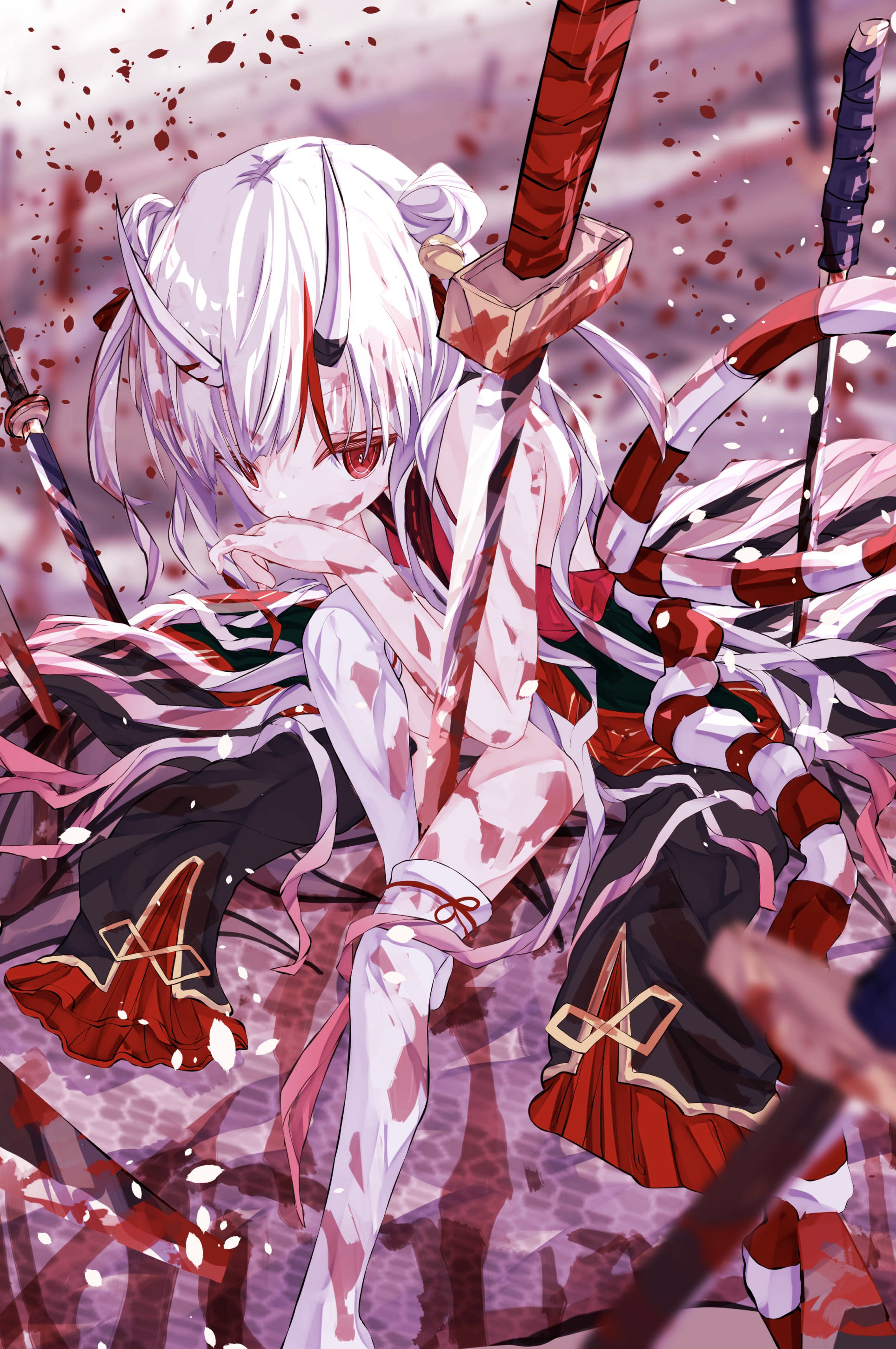 tatsunami1379, nakiri ayame, nakiri ayame (1st costume), hololive, absurdres, highres, 1girl, bare shoulders, blood, blood on clothes, blood on face, hair ornament, horns, japanese clothes, katana, long hair, multicolored hair, oni, red eyes, red hair, red ribbon, ribbon, rope, shimenawa, socks, sword, virtual youtuber, weapon, white hair, white socks