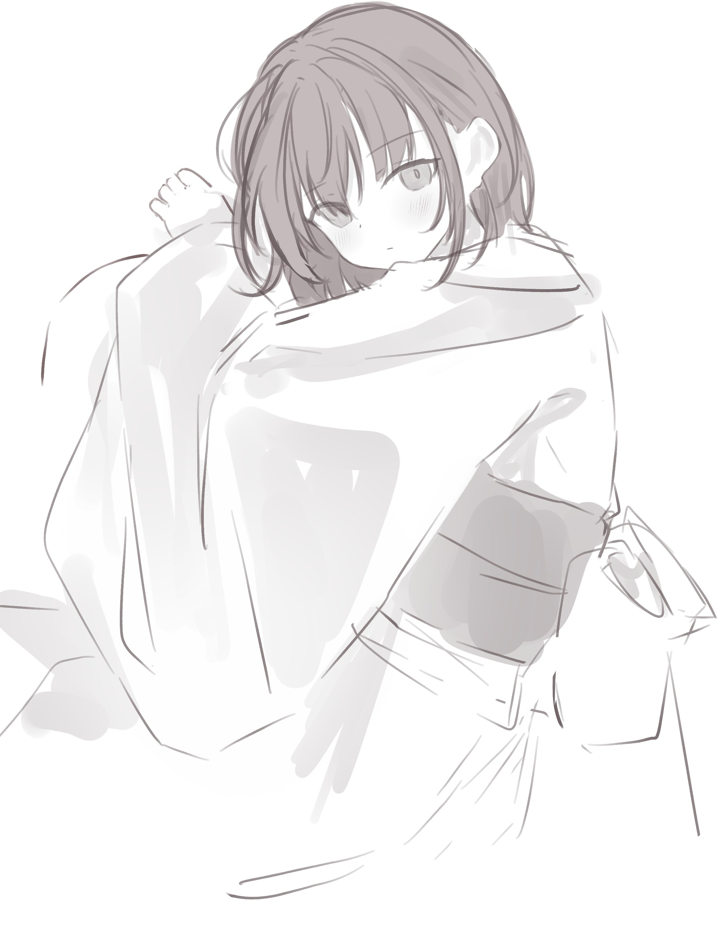 riya (01214), original, absurdres, highres, 1girl, arm up, closed mouth, japanese clothes, kimono, long sleeves, monochrome, obi, sash, simple background, solo, white background, wide sleeves