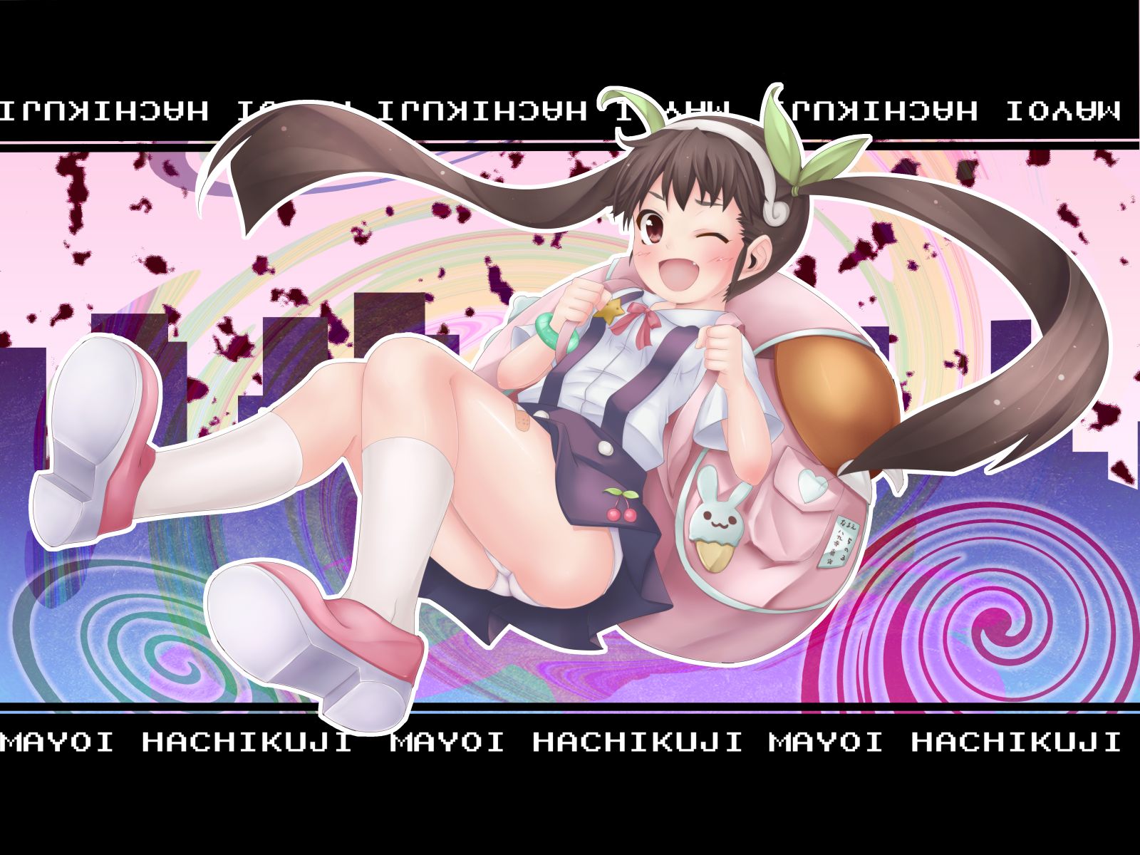 rokushou kokuu, hachikuji mayoi, bakemonogatari, monogatari (series), bad id, bad pixiv id, highres, 00s, 1girl, ;d, ass, backpack, bag, bandaid, black hair, blush, fang, female focus, full body, knees together feet apart, long hair, one eye closed, open mouth, panties, pantyshot, randoseru, ribbon, school uniform, skirt, smile, socks, solo, twintails, underwear, upskirt, white panties