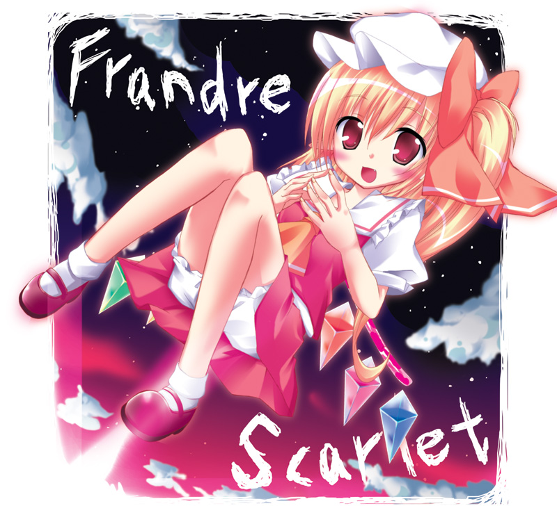 shiina yuuki, flandre scarlet, touhou, bad id, bad pixiv id, 1girl, blonde hair, bloomers, character name, female focus, full body, hat, mary janes, one side up, outdoors, ponytail, red eyes, shoes, short hair, side ponytail, sky, solo, underwear, wings