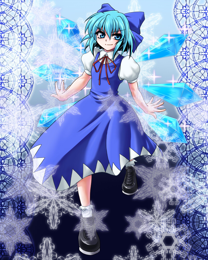 ootsuki wataru, cirno, embodiment of scarlet devil, touhou, bad id, bad pixiv id, black shoes, blouse, blue eyes, blue hair, bow, collared shirt, dress, hair between eyes, pinafore dress, shirt, shoes, short hair, sleeveless, sleeveless dress, socks, solo, white shirt, white socks, wings