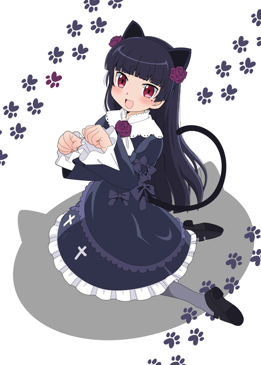 warudarake, gokou ruri, ore no imouto ga konna ni kawaii wake ga nai, animal ears, ascot, black hair, black jacket, black shoes, black skirt, bow, cat ears, cat tail, collar, cross, flower, frilled collar, frilled skirt, frills, gothic lolita, grey pantyhose, hime cut, jacket, kneeling, latin cross, lolita fashion, mary janes, mole, mole under eye, open mouth, pantyhose, paw pose, paw print, red eyes, rose, shoes, skirt, smile, tail, white ascot, white background