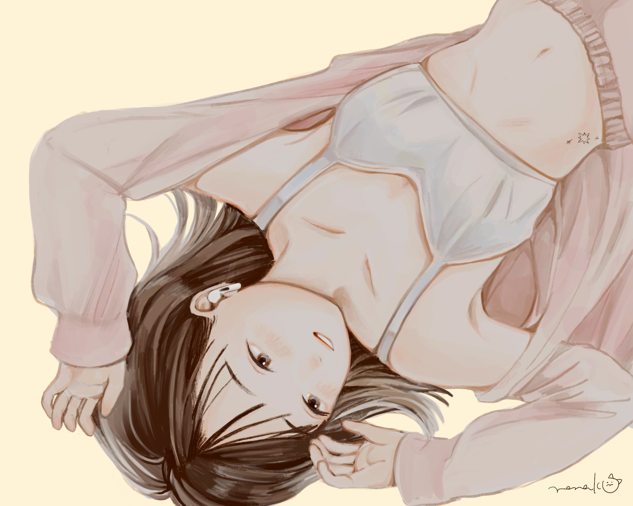 nena labo, original, commentary request, highres, 1girl, bra, brown hair, cardigan, grey eyes, hair spread out, hands up, long hair, lying, navel, no pants, on back, open cardigan, open clothes, panties, parted lips, pink cardigan, pink panties, signature, simple background, smile, solo, stomach, stomach tattoo, tattoo, underwear, upper body, white bra, yellow background