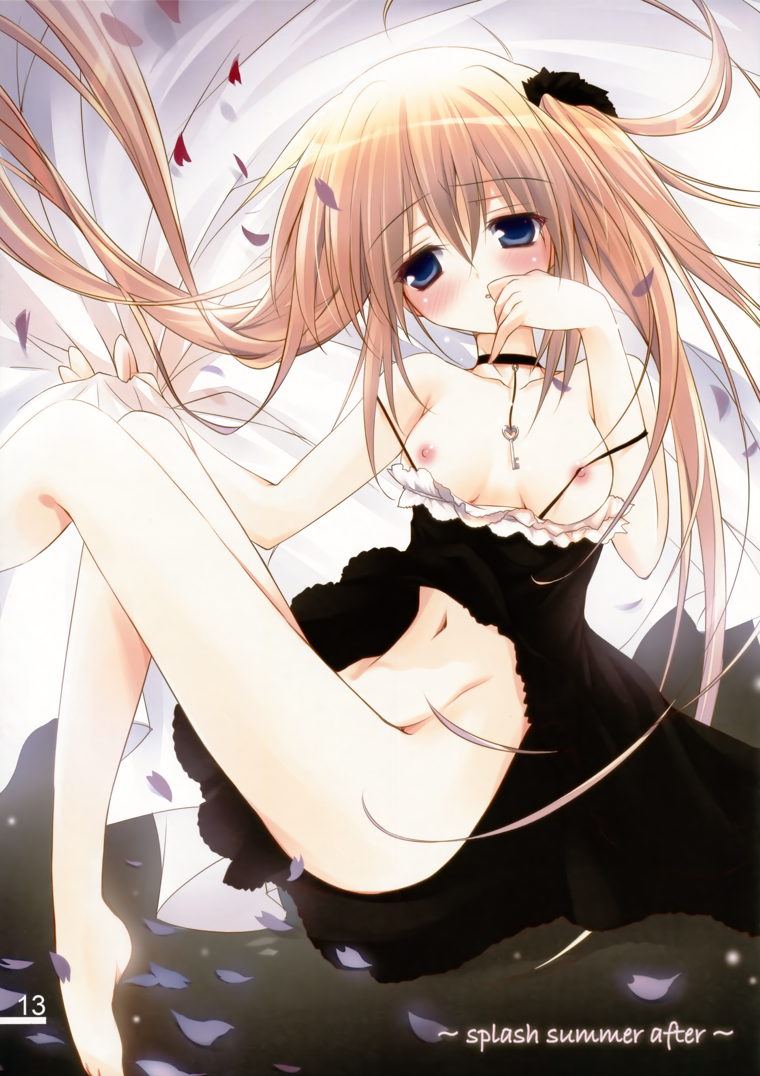 karory, absurdres, highres, 1girl, barefoot, blue eyes, blush, breasts, brown hair, clothes lift, dress, female focus, long hair, nipples, no panties, open clothes, open shirt, shirt, skirt, skirt lift, solo