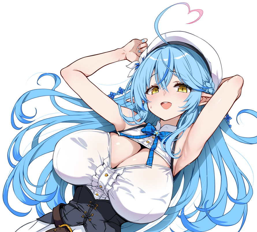 hirowa nagi, yukihana lamy, yukihana lamy (1st costume), hololive, commentary request, 1girl, ahoge, alternate breast size (larger), arm behind head, armpits, arms up, bare shoulders, beret, black corset, blue bow, blue bowtie, blue hair, blue nails, blush, bow, bowtie, breasts, buttons, cleavage, cleavage cutout, clothing cutout, collared shirt, corset, crossed bangs, double-parted bangs, dutch angle, elf, flower, frilled shirt, frills, gradient hair, hair between eyes, hair flower, hair ornament, half updo, hat, heart, heart ahoge, huge breasts, long hair, looking at viewer, lying, multicolored hair, on back, open mouth, pink hair, pointy ears, shirt, simple background, sleeveless, sleeveless shirt, smile, solo, streaked hair, sweat, teeth, transparent background, upper body, upper teeth only, very long hair, virtual youtuber, white hat, white shirt, yellow eyes