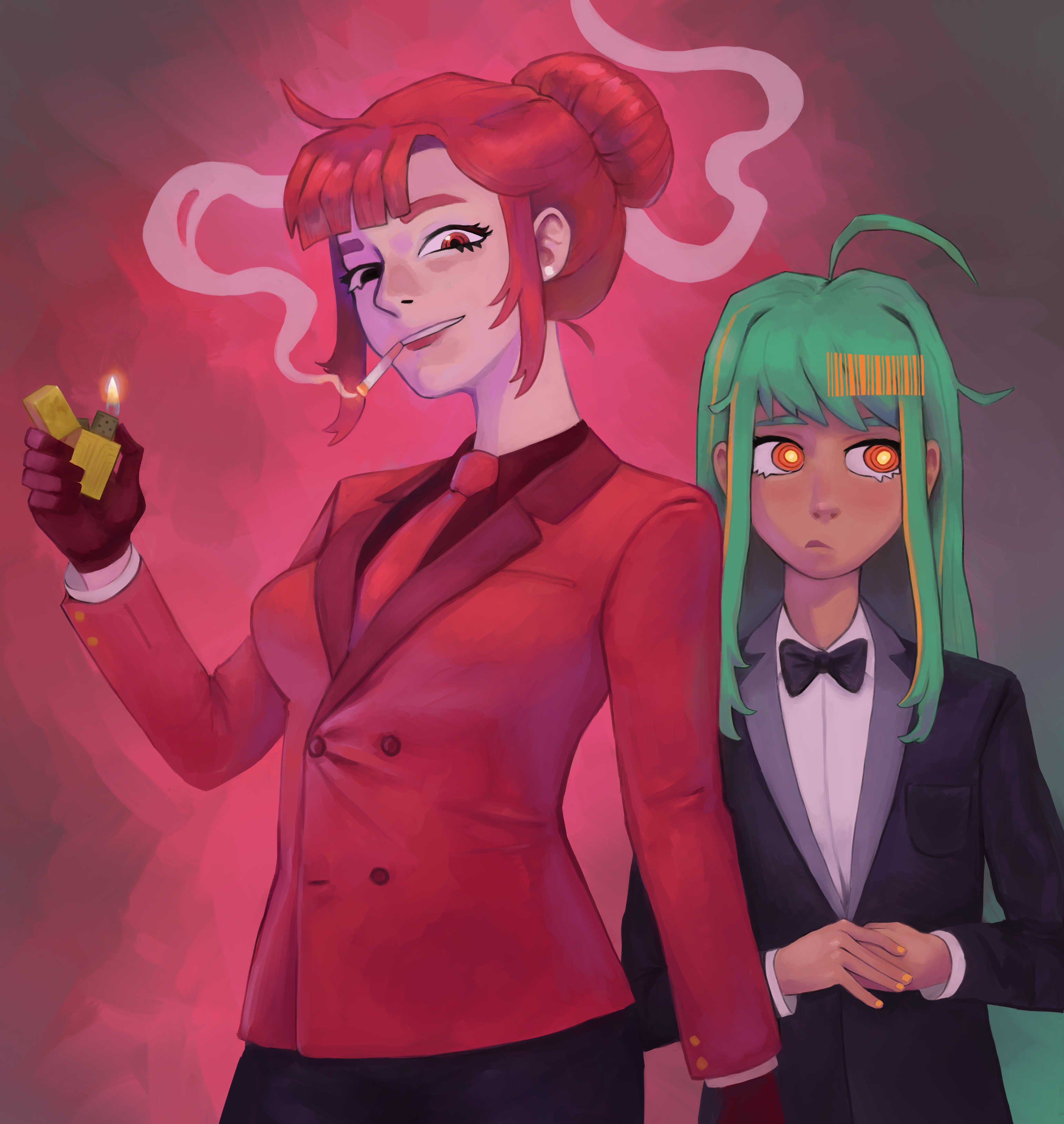 absurdres, commentary, english commentary, highres, 2girls, ahoge, android, black bow, black bowtie, black eyes, black suit, bow, bowtie, brown gloves, evangeline morgan, formal clothes, gloves, green hair, hair bun, heterochromia, holding, holding lighter, lighter, long hair, looking at viewer, morgan-fan1, mouth hold, multiple girls, necktie, of the devil, orange eyes, red eyes, red hair, red necktie, red suit, serra ashur, sidelocks, smoking, standing, suit