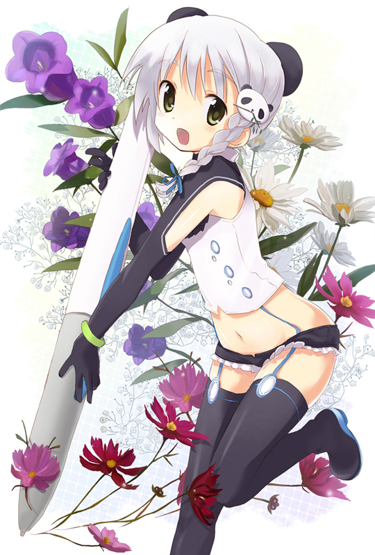 miyoshino, wacom, 1girl, baby's-breath, boots, braid, bun cover, child, daisy (flower), double bun, female focus, flower, gloves, green eyes, hair bun, hair ornament, hairclip, looking at viewer, midriff, navel, oversized object, panda, pen, personification, short hair, shorts, solo, stylus, thigh boots, thighhighs, white hair