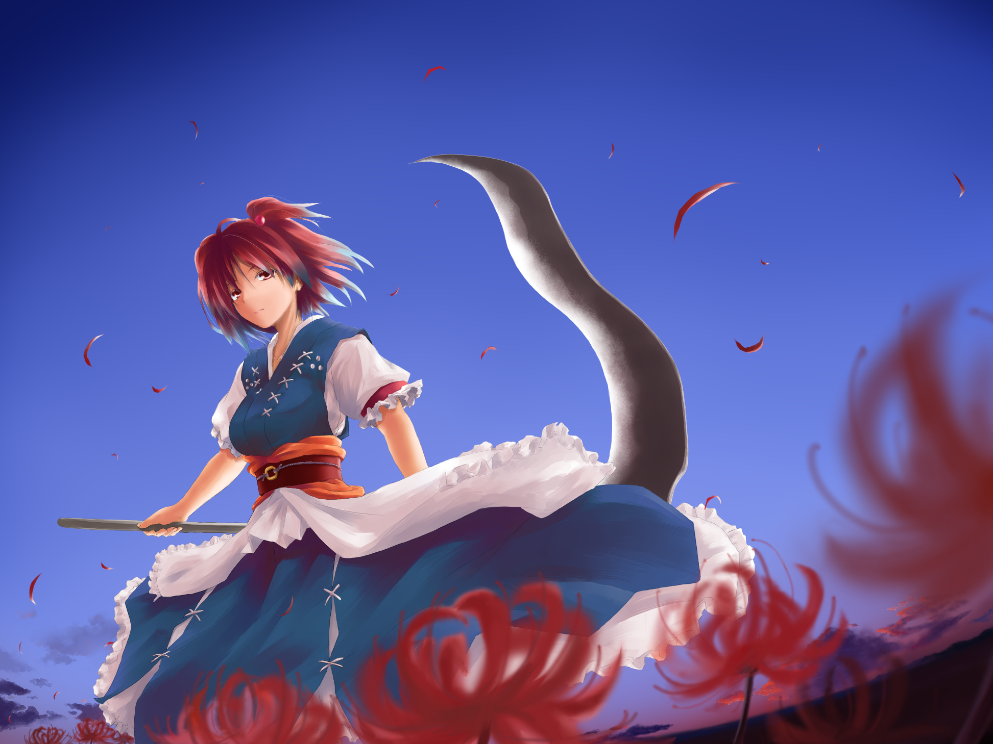 kinsenka, onozuka komachi, touhou, bad id, bad pixiv id, highres, 1girl, breasts, female focus, hair bobbles, hair ornament, nature, outdoors, plant, red eyes, red hair, scythe, short hair, sky, solo, twintails, two side up