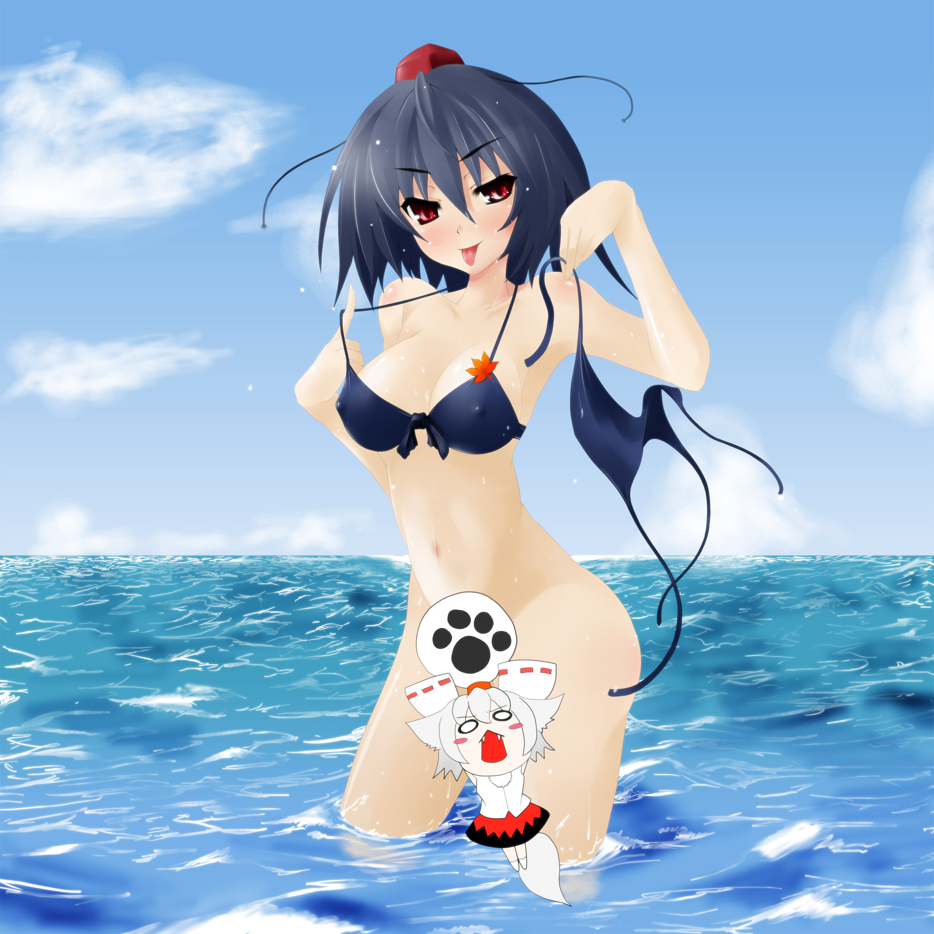 zaki (artist), inubashiri momiji, shameimaru aya, touhou, silver hair, highres, 2girls, :p, animal ears, bikini, black hair, blush, bottomless, breasts, breasts apart, censored, cleavage, convenient censoring, covered erect nipples, day, female focus, front-tie top, hat, medium breasts, multiple girls, naughty face, ocean, red eyes, short hair, side-tie bikini bottom, swimsuit, tail, tokin hat, tongue, tongue out, undressing, unworn bikini bottom, wet, wolf ears, wolf tail