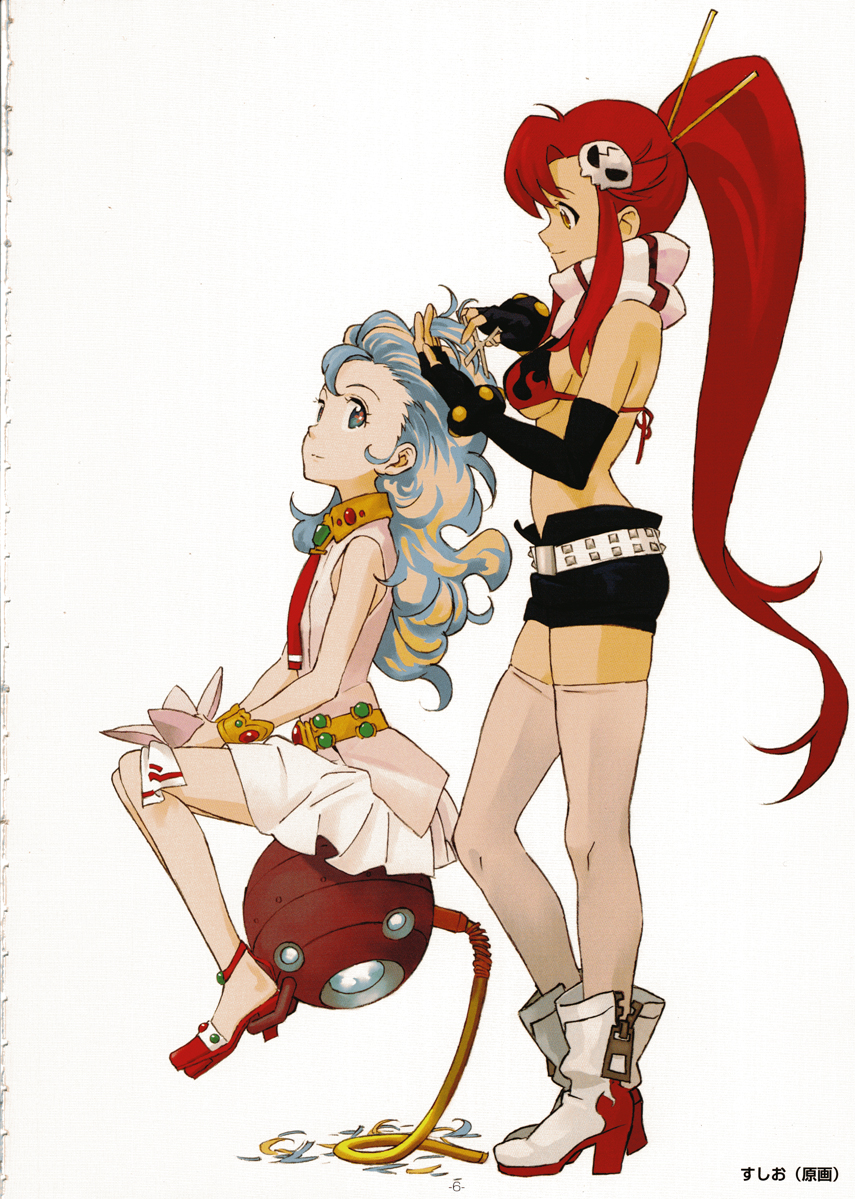sushio, nia teppelin, yoko littner, tengen toppa gurren lagann, official art, + +, 00s, 2girls, bikini, bikini top only, boots, cross-shaped pupils, cutting another's hair, cutting hair, dress, fingerless gloves, gloves, hair ornament, hairclip, jewelry, long hair, multicolored hair, multiple girls, pink dress, pink skirt, red hair, scarf, shorts, skirt, swimsuit, symbol-shaped pupils, thighhighs, very long hair, yellow eyes