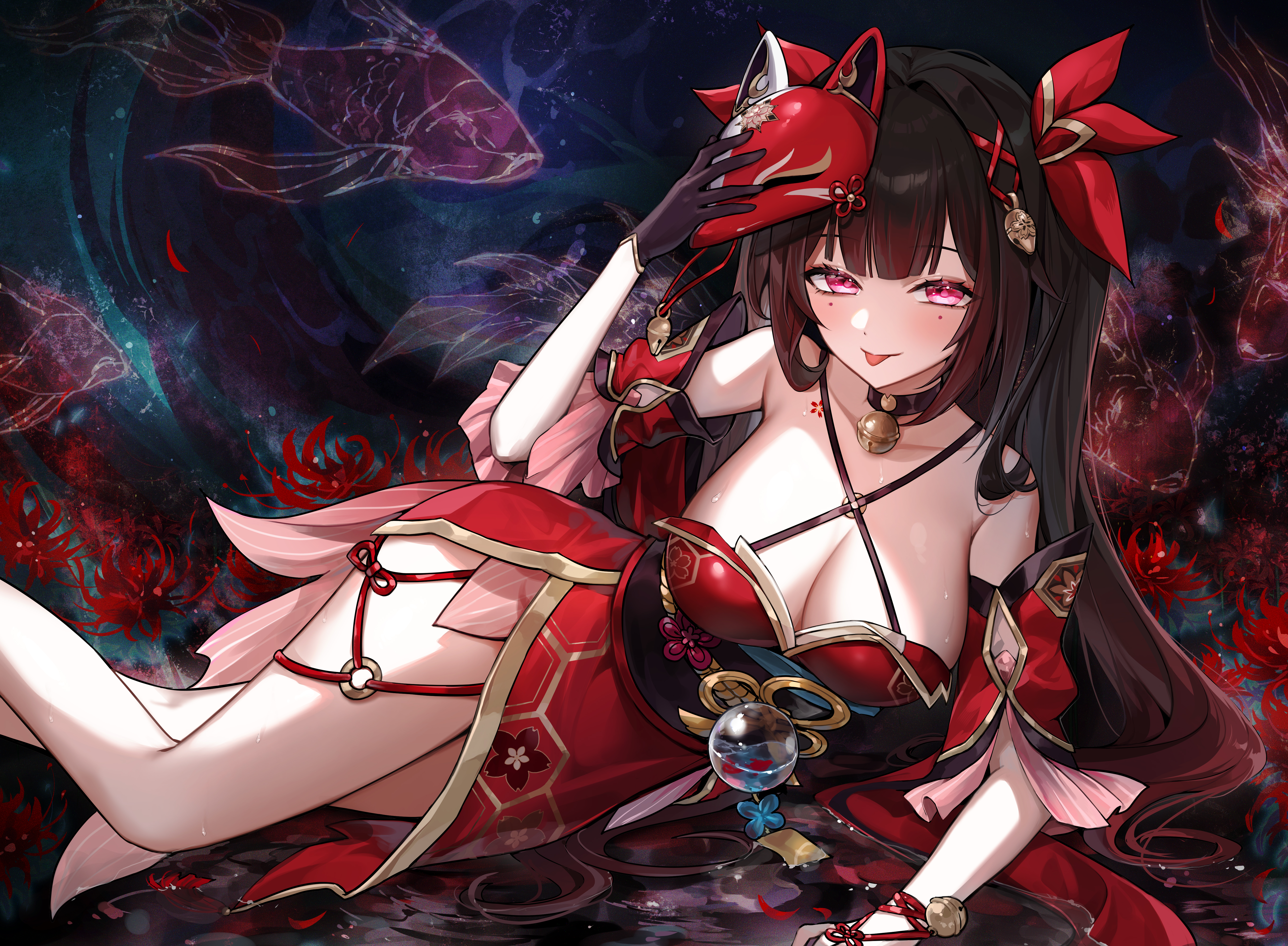 hibiwa, sparkle (honkai: star rail), honkai: star rail, honkai (series), absurdres, highres, 1girl, :p, alternate breast size (larger), arm support, bare shoulders, bell, black choker, black gloves, breasts, brown hair, chest tattoo, choker, cleavage, closed mouth, collarbone, criss-cross halter, detached sleeves, dress, facial mark, feet out of frame, fish, flower tattoo, fox mask, gloves, halterneck, holding, holding mask, jingle bell, large breasts, long hair, looking at viewer, low neckline, lying, mask, neck bell, o-ring, on side, on water, orb, red dress, red eyes, red sleeves, single glove, sleeveless, sleeveless dress, smile, solo, tattoo, thighs, tongue, tongue out, twintails, very long hair, wet
