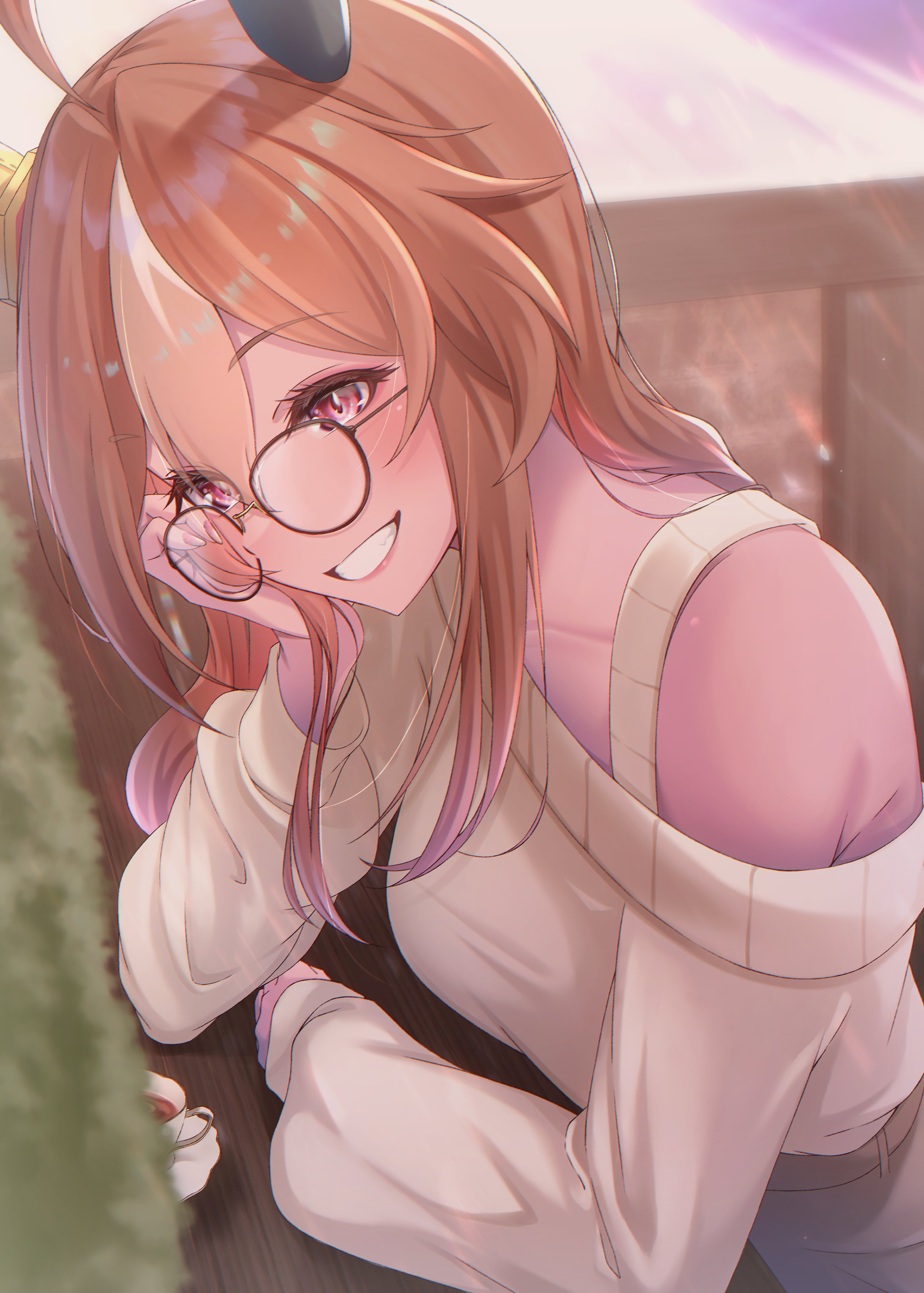 namiki (namiki071897), copano rickey (umamusume), umamusume, absurdres, highres, 1girl, ahoge, animal ears, bare shoulders, blush, breasts, brown hair, collarbone, cup, ear covers, glasses, grin, head rest, horse ears, horse girl, long hair, long sleeves, mismatched ear covers, multicolored hair, open mouth, purple eyes, saucer, skirt, smile, solo, sweater, tea, teacup, teeth, white hair, white sweater