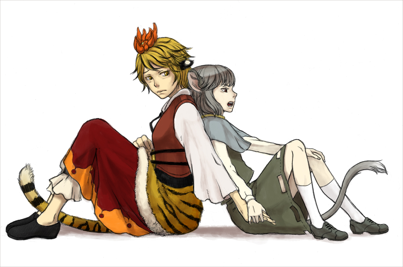 kobushi, yodoro kagyu, nazrin, toramaru shou, touhou, bad id, bad pixiv id, 2girls, animal ears, animal print, back-to-back, blonde hair, cat ears, cat girl, cat tail, female focus, grey hair, hair ornament, holding hands, kemonomimi mode, mouse ears, mouse tail, multiple girls, red eyes, short hair, tail, tiger ears, tiger print, tiger tail, yellow eyes