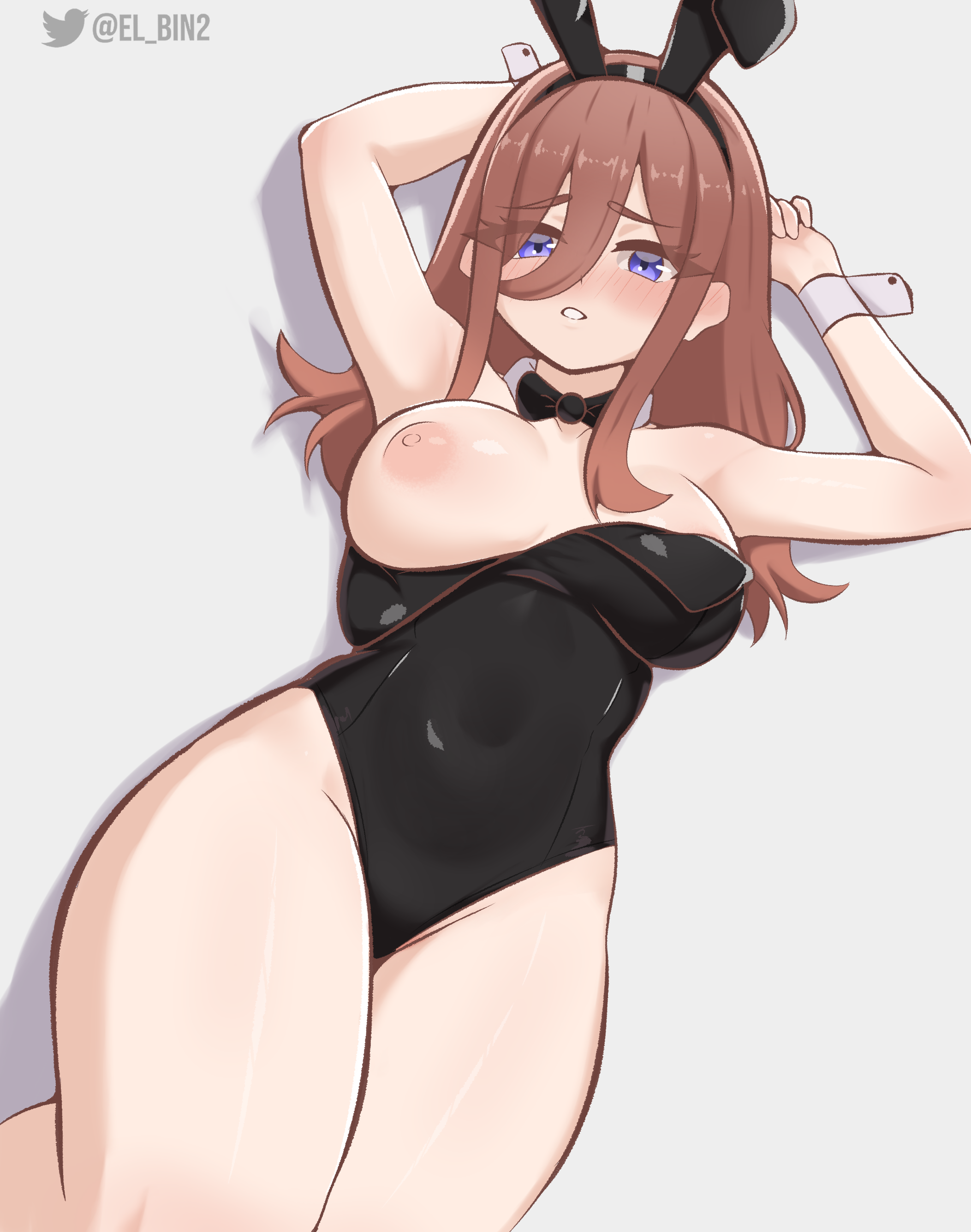 el bin, nakano miku, go-toubun no hanayome, absurdres, highres, 1girl, animal ear hairband, animal ears, arms behind back, black leotard, blue eyes, bow, bowtie, breasts, brown hair, detached collar, fake animal ears, feet out of frame, hair between eyes, hairband, large breasts, leotard, long hair, looking at viewer, lying, nipples, pantyhose, playboy bunny, rabbit ears, solo, strapless, strapless leotard, thighband pantyhose, wrist cuffs