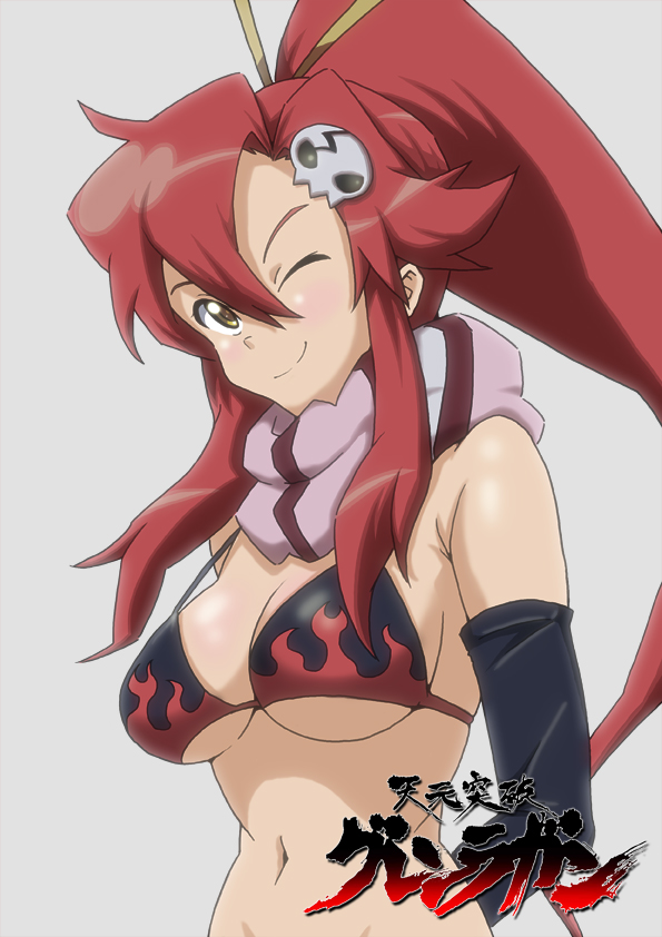 p p p s, yoko littner, tengen toppa gurren lagann, 00s, 1girl, belt, bikini, bikini top only, breasts, cleavage, female focus, gun, long hair, medium breasts, navel, one eye closed, ponytail, red hair, rifle, scarf, smile, solo, swimsuit, weapon, wink, yellow eyes