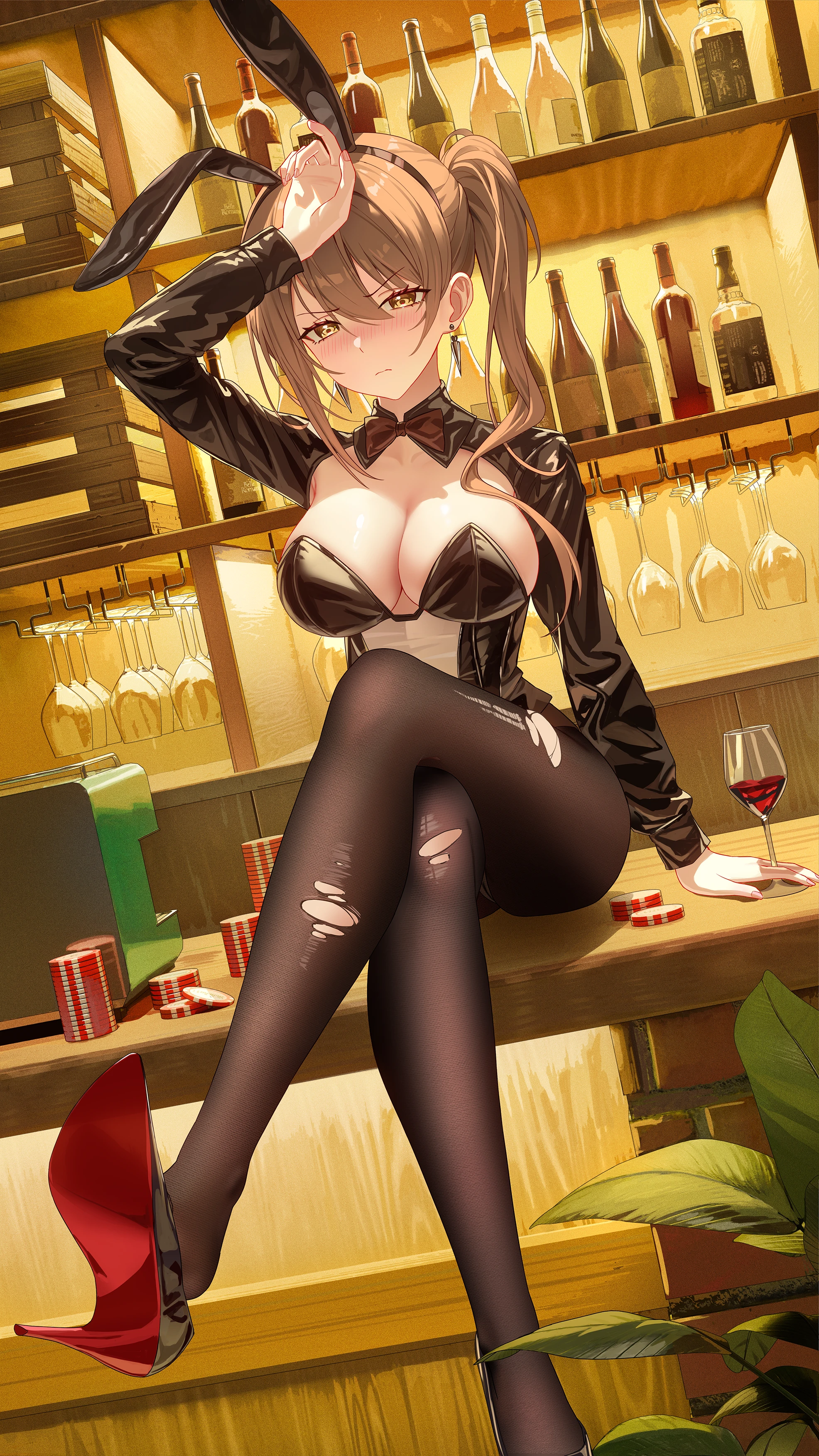 longyu (17767756), aki rinco, project-sp, absurdres, chinese commentary, commentary request, highres, second-party source, 1girl, alcohol, animal ear hairband, animal ears, arm support, arm up, bar (place), black bow, black bowtie, black leotard, black pantyhose, black shrug, blush, bottle, bow, bowtie, breasts, brown hair, champagne, cleavage, closed mouth, counter, crossed legs, cup, drinking glass, earrings, fake animal ears, frown, hair between eyes, hairband, high heels, jewelry, large breasts, legs, leotard, long hair, long sleeves, looking ahead, nail polish, on table, one side up, pantyhose, pink nails, plant, playboy bunny, poker chip, rabbit ear hairband, rabbit ears, red wine, see-through clothes, see-through leotard, shelf, shoe soles, shrug (clothing), sideboob, sidelocks, single ear down, sitting, solo, strapless, strapless leotard, table, thighs, torn clothes, torn pantyhose, very long hair, virtual youtuber, whiskey, wine, wine bottle, wine glass, yellow eyes