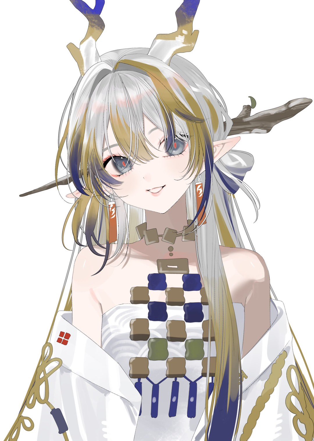 shu (arknights), arknights, commentary request, highres, second-party source, 1girl, :d, bare shoulders, blonde hair, dragon girl, dragon horns, earrings, grey eyes, grey hair, grin, hair between eyes, hair intakes, horns, jacket, jewelry, looking at viewer, lvx ccc, necklace, off shoulder, open mouth, pointy ears, purple hair, red pupils, simple background, smile, solo, strapless, tube top, upper body, white background, white jacket, white tube top