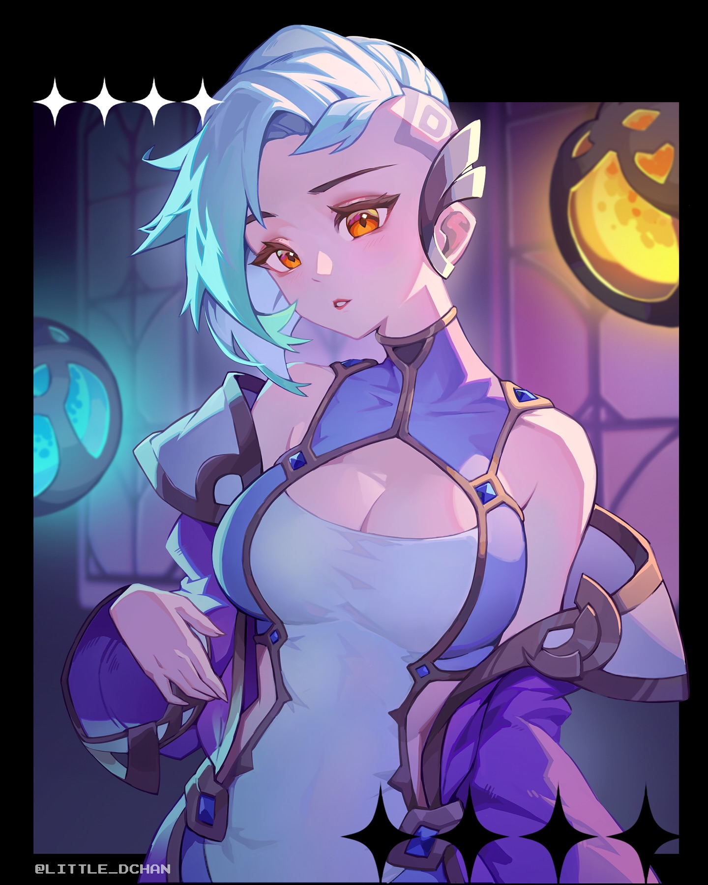 little dchan, original, commentary, english commentary, highres, 1girl, asymmetrical hair, bare shoulders, breasts, cleavage, clothing cutout, dress, eyelashes, fingernails, hip vent, instagram username, jacket, lips, long sleeves, mismatched eyebrows, off shoulder, open clothes, open jacket, orange eyes, purple jacket, short hair, sidecut, solo, star (symbol), undercut, upper body, white dress, white hair