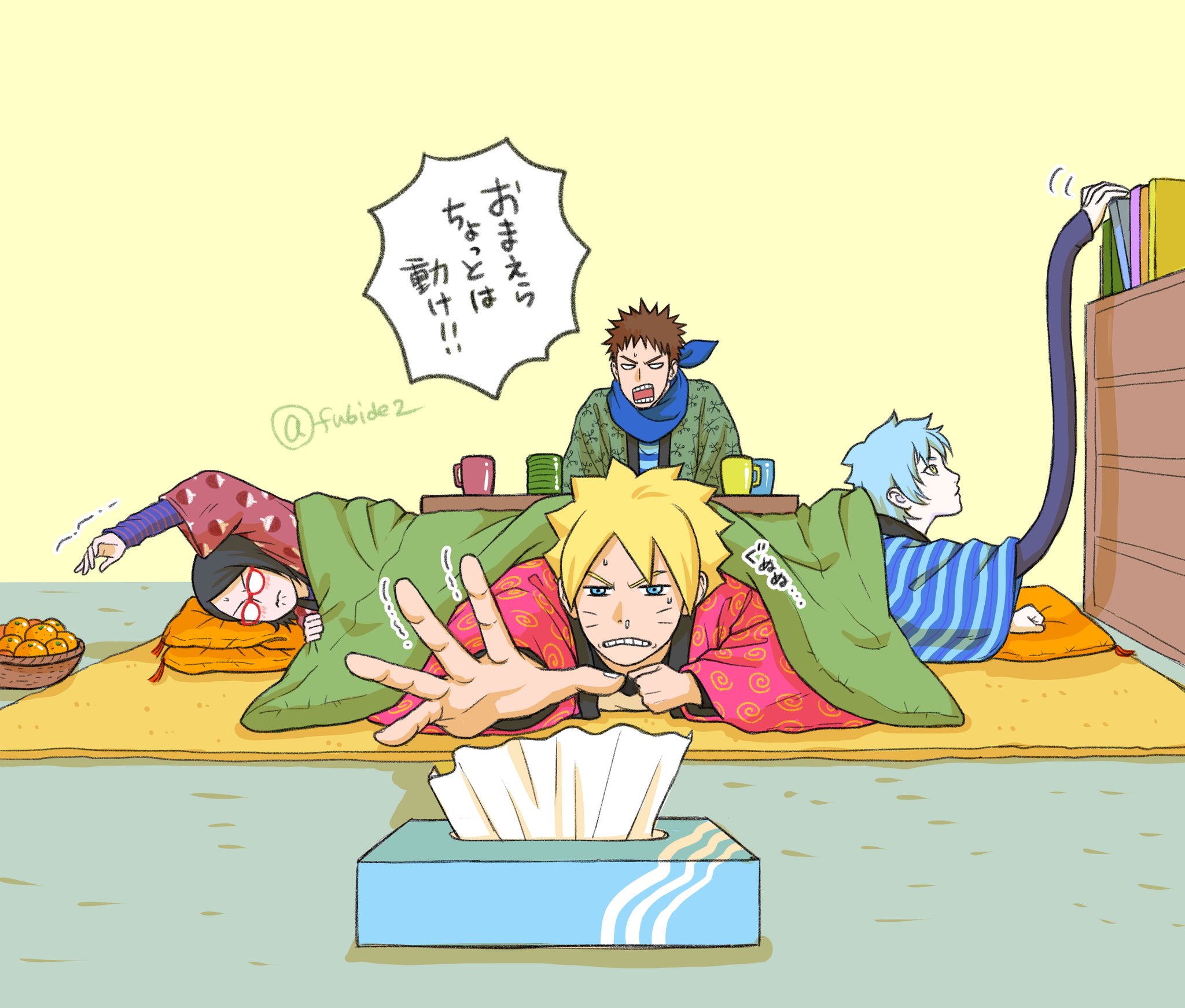matsu (fu6ide2), mitsuki (naruto), sarutobi konohamaru, uchiha sarada, uzumaki boruto, boruto: naruto next generations, naruto (series), commentary request, highres, translation request, 1girl, 3boys, bandana, bandana around neck, basket, black hair, blonde hair, blue eyes, blue hair, book, brown hair, clenched teeth, cup, extendable limbs, facial mark, food, fruit, glasses, kotatsu, mandarin orange, mug, multiple boys, opaque glasses, reaching, sleeves past wrists, snot, spiked hair, sweat, table, team 7 (boruto), teeth, tissue box, twitter username, under kotatsu, under table, whisker markings, yellow eyes
