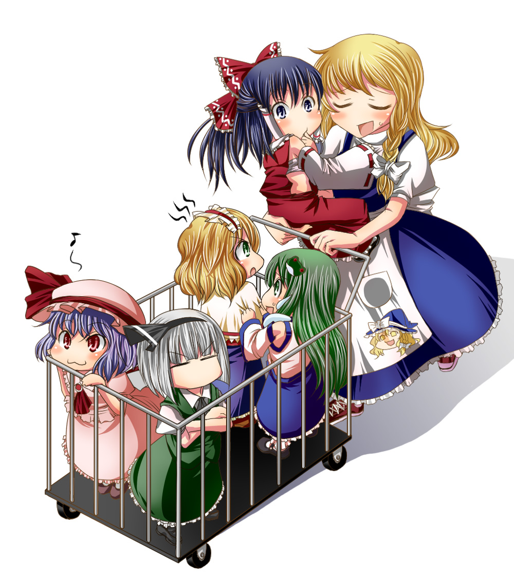 crow (crowatelier), jude, alice margatroid, hakurei reimu, kirisame marisa, kochiya sanae, konpaku youmu, remilia scarlet, sherbet, touhou, silver hair, bad id, bad pixiv id, 6+girls, :3, = =, aged down, apron, ascot, black hair, black ribbon, blonde hair, blue skirt, blush, bow, braid, capelet, carrying, cart, child, closed eyes, crossed arms, detached sleeves, dress, female focus, finger in own mouth, frilled dress, frills, green dress, green eyes, green hair, hair bow, hair ribbon, hat, hat ribbon, jealous, long dress, mob cap, multiple girls, musical note, open mouth, pink dress, purple hair, pushing, red dress, red eyes, red ribbon, ribbon, ribbon-trimmed sleeves, ribbon trim, sarashi, shirt, shoes, side braid, simple background, single braid, skirt, sleeveless, sleeveless shirt, sneakers, spoken musical note, sweatdrop, toddler, waist apron, walking, white background, yukkuri shiteitte ne