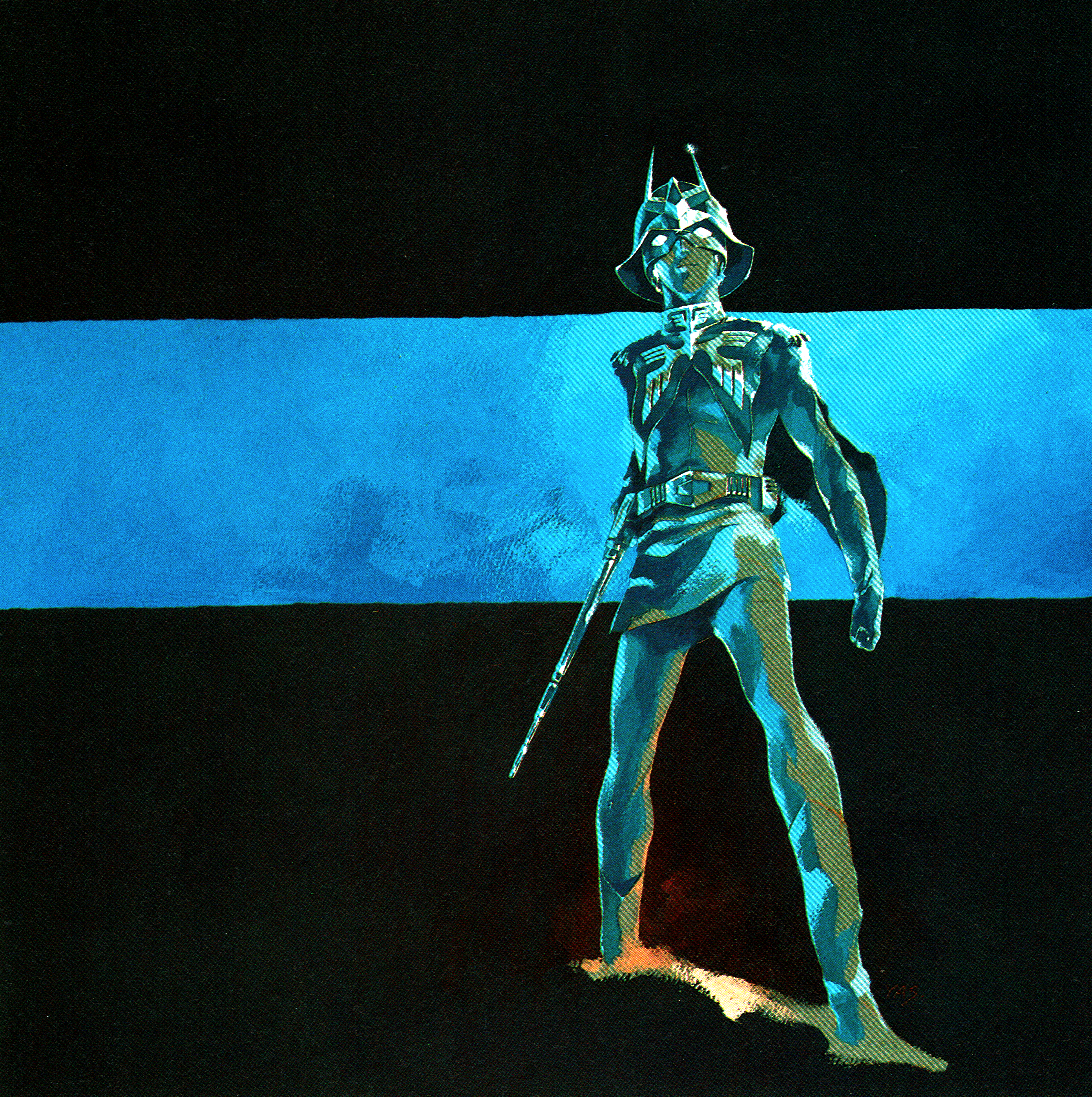 yasuhiko yoshikazu, char aznable, gundam, mobile suit gundam, absurdres, highres, non-web source, scan, 1boy, belt, cape, clenched hand, closed mouth, gloves, helmet, insignia, laser cannon, retro artstyle, signature, solo, zeon