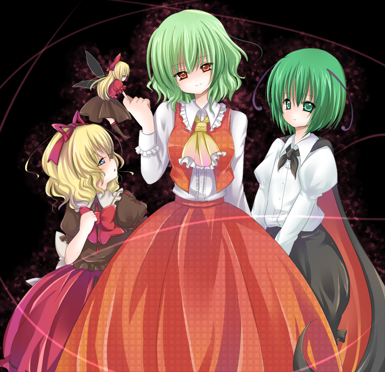 juemid luna, kazami yuuka, medicine melancholy, su-san, wriggle nightbug, touhou, bad id, bad pixiv id, 3girls, antennae, ascot, black background, blonde hair, blush, cape, female focus, green eyes, green hair, hair ribbon, juliet sleeves, light smile, light trail, long sleeves, looking at another, looking at viewer, multiple girls, plaid clothes, plaid skirt, plaid vest, puffy sleeves, red eyes, ribbon, shaded face, shadow, short hair, skirt, skirt set, unmoving pattern, vest, wings