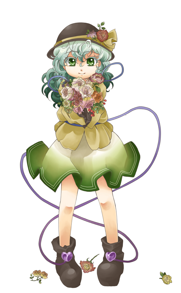 makako, makako (yume bouei shoujo tai), komeiji koishi, touhou, 1girl, bouquet, female focus, flower, green eyes, green hair, hat, heart, matching hair/eyes, pigeon-toed, short hair, skirt, smile, solo