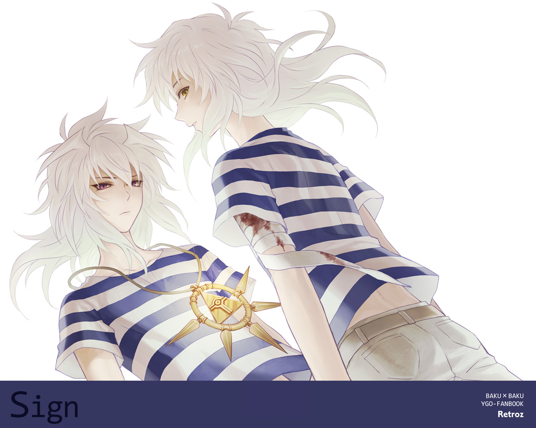tea (retroz), bakura ryou, yu-gi-oh!, yu-gi-oh! duel monsters, yuu-gi-ou, bad id, bad pixiv id, 2boys, back, blood, dual persona, long hair, male focus, multiple boys, red eyes, shirt, white hair, yellow eyes