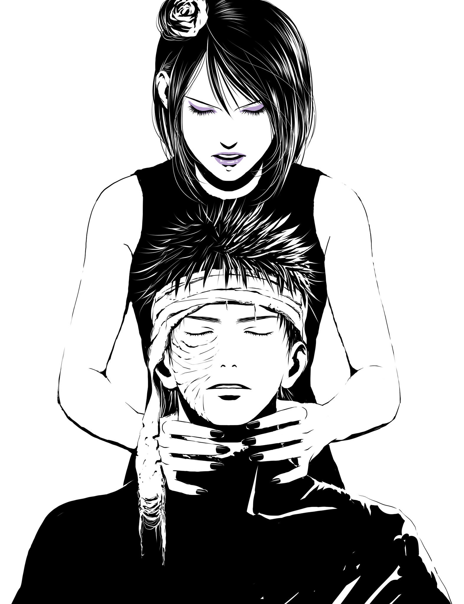 matsu (fu6ide2), konan (naruto), uchiha obito, naruto (series), naruto shippuuden, commentary request, highres, 1boy, 1girl, cloak, closed eyes, eyelashes, eyeliner, facial scar, flower, hair flower, hair ornament, headband, makeup, open mouth, purple eyeliner, purple lips, scar, scar on cheek, scar on face, shirt, sleeveless, sleeveless shirt, spiked hair