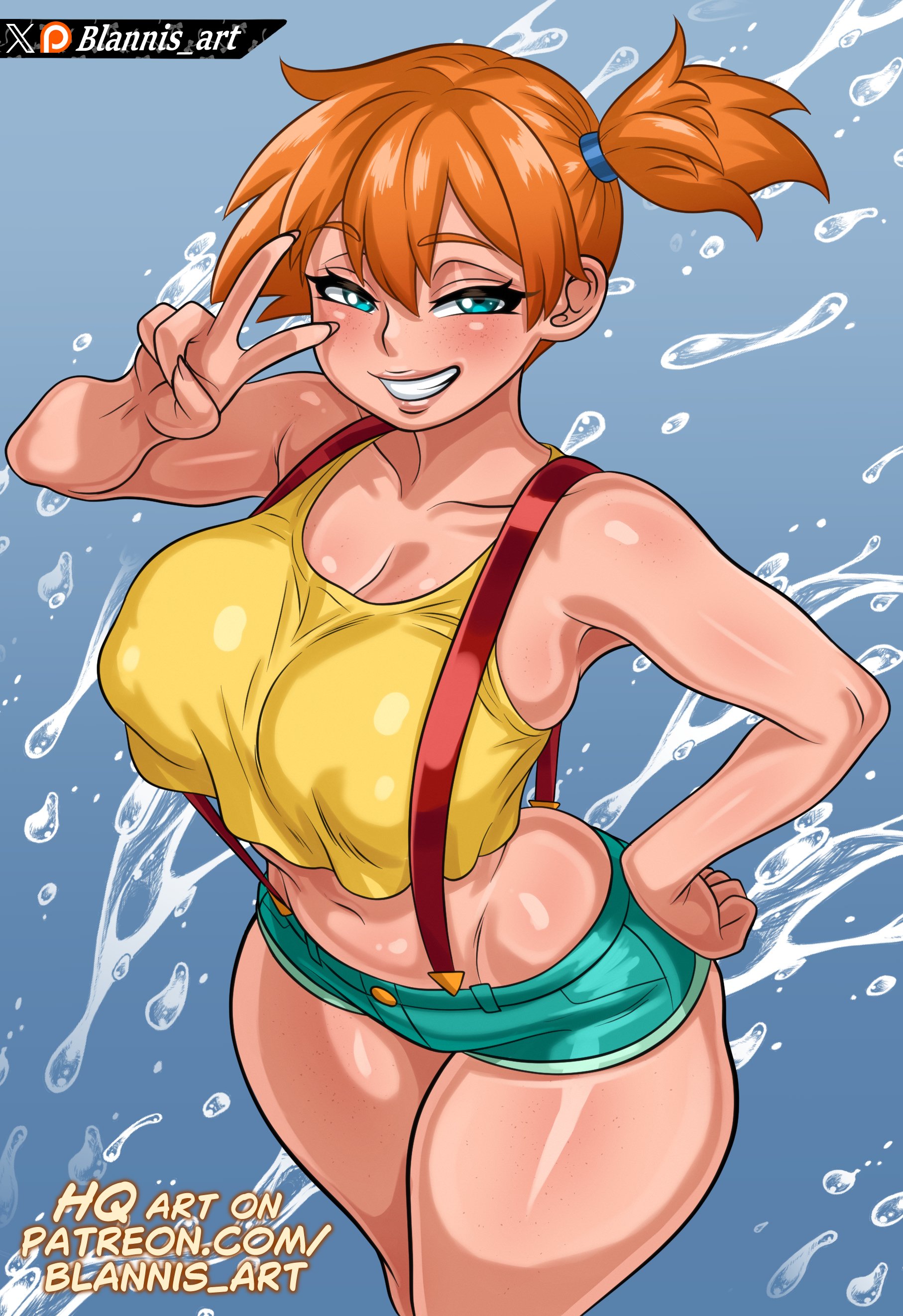 blannis, misty (pokemon), nintendo, pokemon, pokemon (anime), pokemon (classic anime), pokemon rgby, 1girl, aqua eyes, aqua shorts, artist name, bare arms, bare shoulders, blue eyes, blush, breasts, cleavage, collarbone, covered erect nipples, crop top, curvy, denim, denim shorts, female focus, freckles, grin, gym leader, half-closed eyes, hand on own hip, huge breasts, large breasts, looking at viewer, midriff, navel, orange hair, patreon logo, patreon username, ponytail, shiny skin, short hair, short shorts, shorts, side ponytail, smile, solo, splashing, standing, suspender shorts, suspenders, tank top, teeth, thick thighs, thighs, v, v over eye, water, watermark, web address, wide hips, yellow tank top