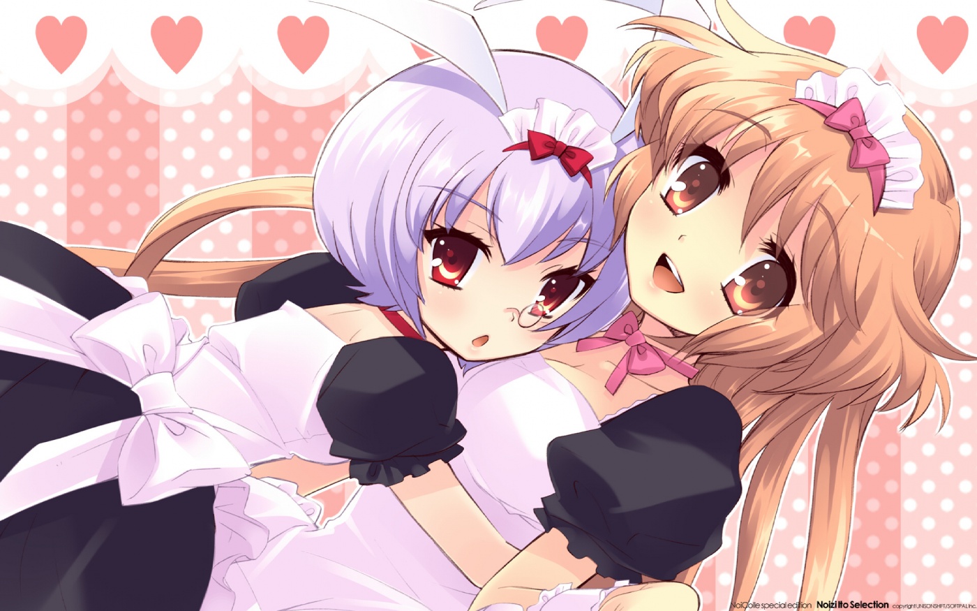 ito noizi, alice (alice parade), miori (alice parade), silk (alice parade), alice parade, 2girls, animal ears, apron, blush, glasses, happy, heart, hug, long hair, maid, maid apron, multiple girls, orange eyes, orange hair, purple hair, rabbit ears, red eyes, ribbon, short hair, silk, smile